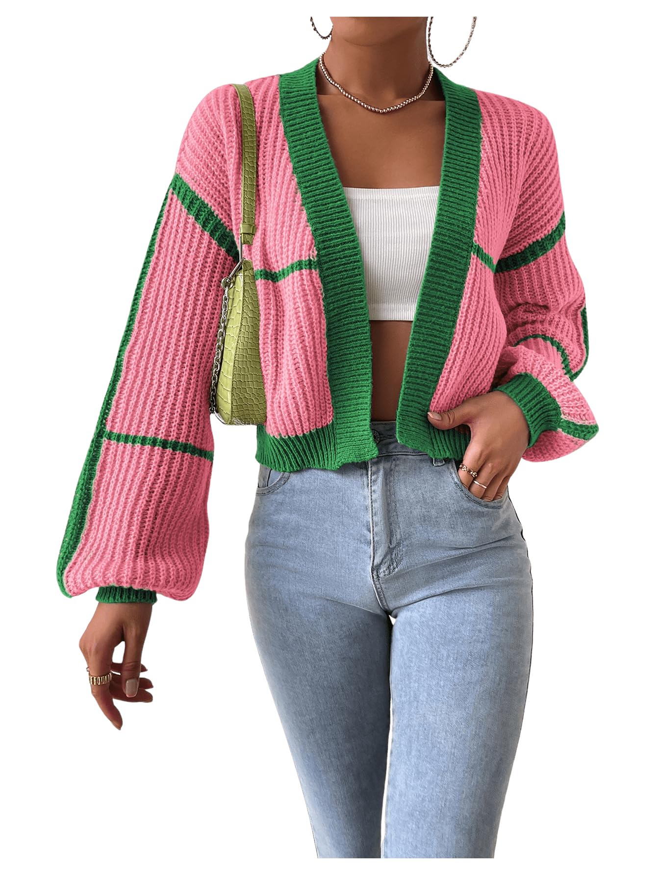 Women's Color Block Crop Cardigan Top Bishop Long Sleeve Open Front Sweater