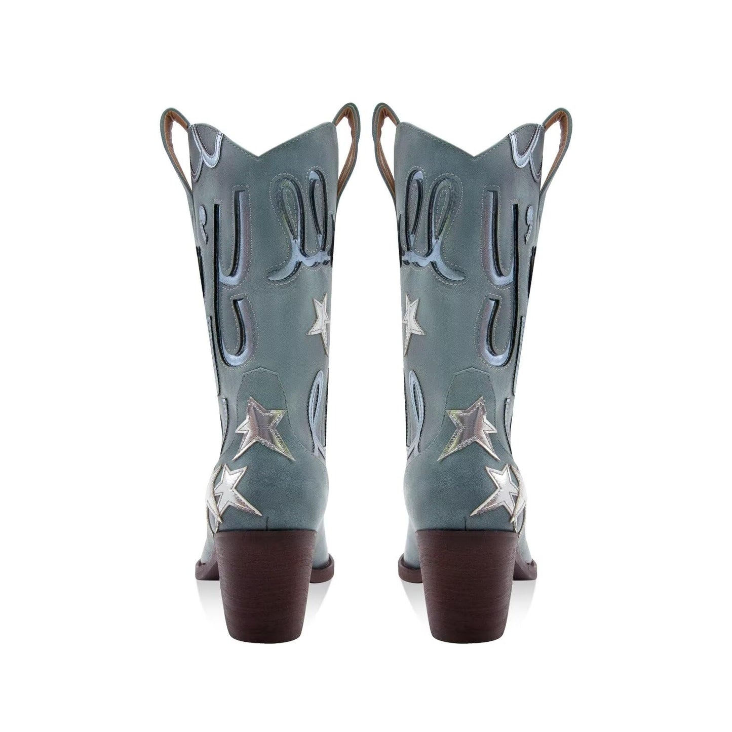 Metallic Cowboy boots for Women Mid Calf Low Heel Pointed Toe Womens Cowgirl Boots Fashion Embroidery Western Pull On Boots