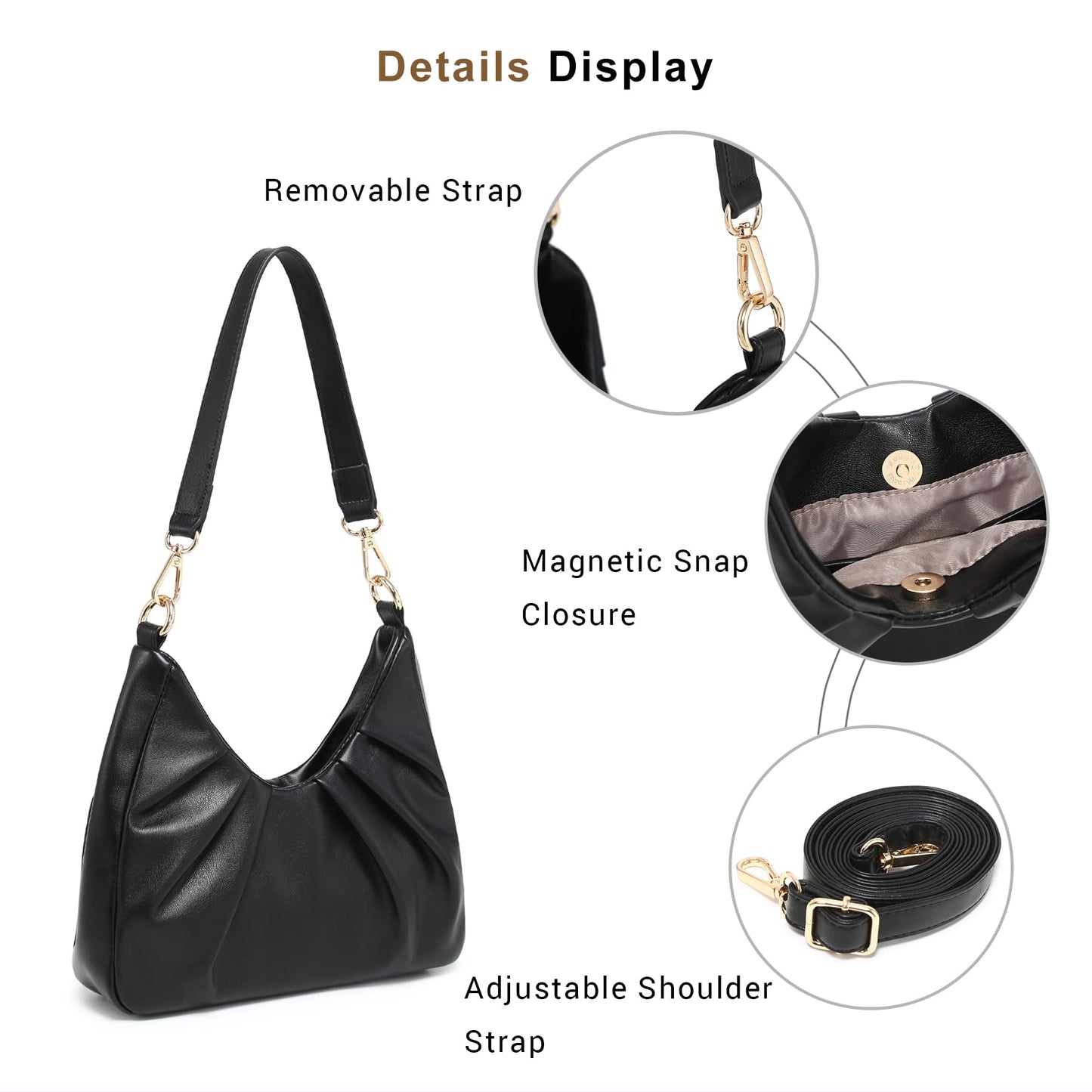 Dasein Ruched Hobo Handbag for Women Retro Shoulder Purse Crossbody Bag with 2 Removable Straps