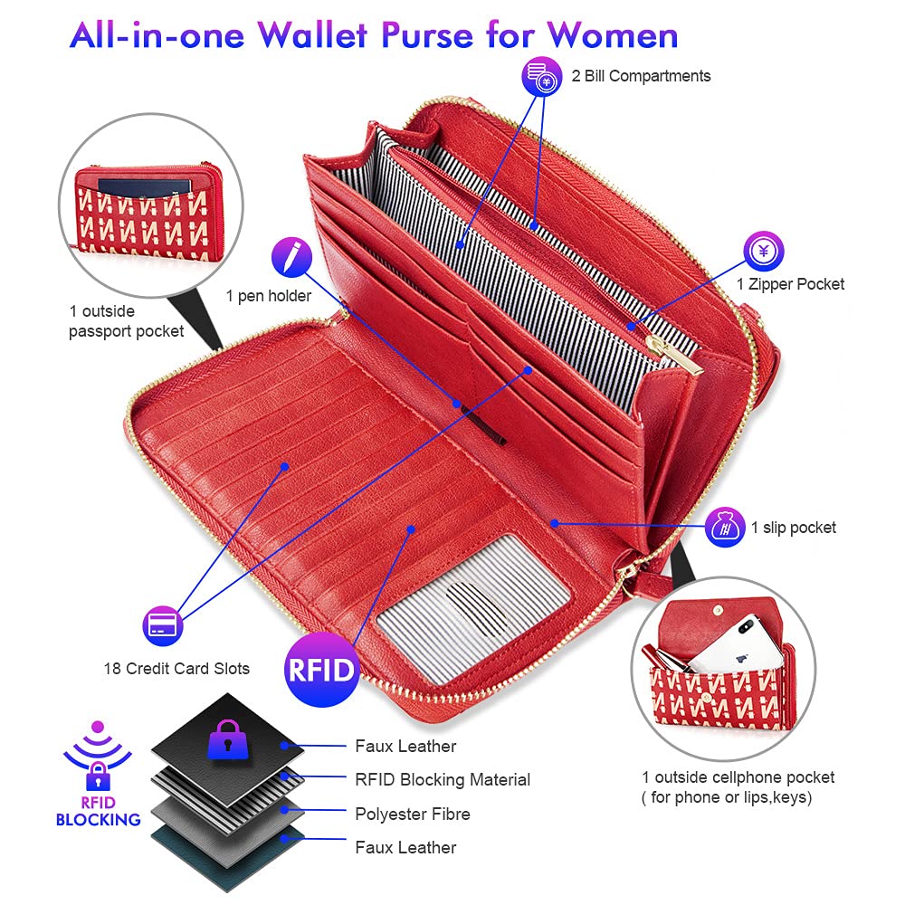 Womens RFID Wallet Purse Wristlet Crossbody Clutch with Zip Around 2 Strap