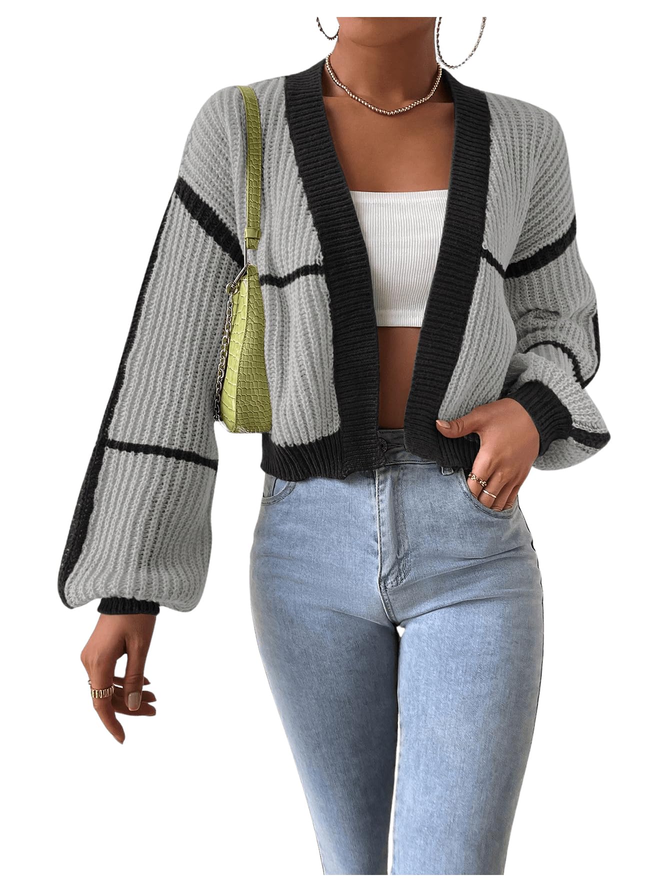 Women's Color Block Crop Cardigan Top Bishop Long Sleeve Open Front Sweater