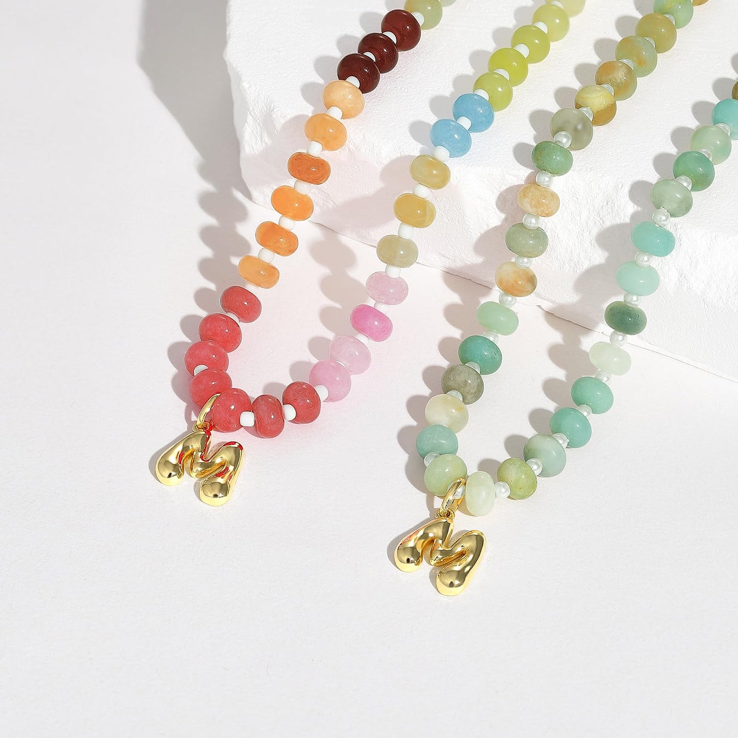 Initial Necklaces for Women, Colorful Beaded Gemstone Choker 14K Gold Bubble Letter Pendant Necklace Natural Stone Summer Beach Handmade Jewelry