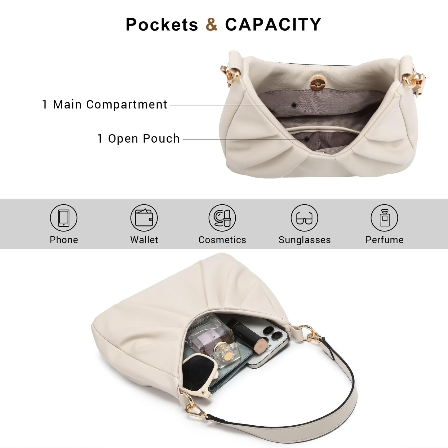 Dasein Ruched Hobo Handbag for Women Retro Shoulder Purse Crossbody Bag with 2 Removable Straps