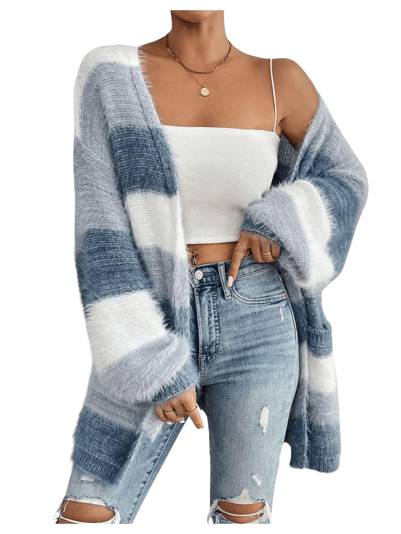 Women's Striped Color Block Open Front Fuzzy Cardigan Sweater Coat with Pockets