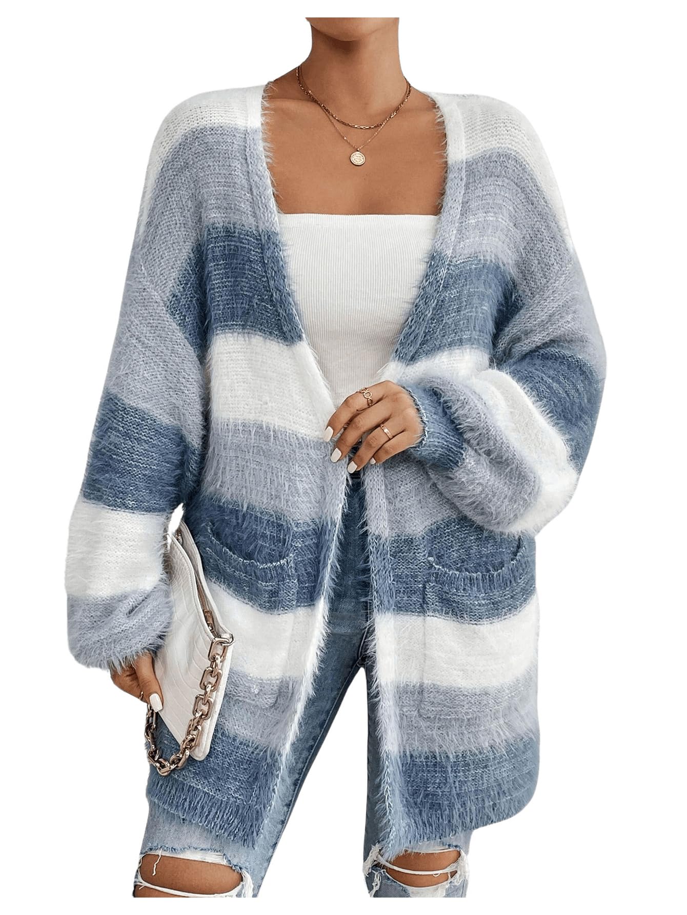 Women's Striped Color Block Open Front Fuzzy Cardigan Sweater Coat with Pockets