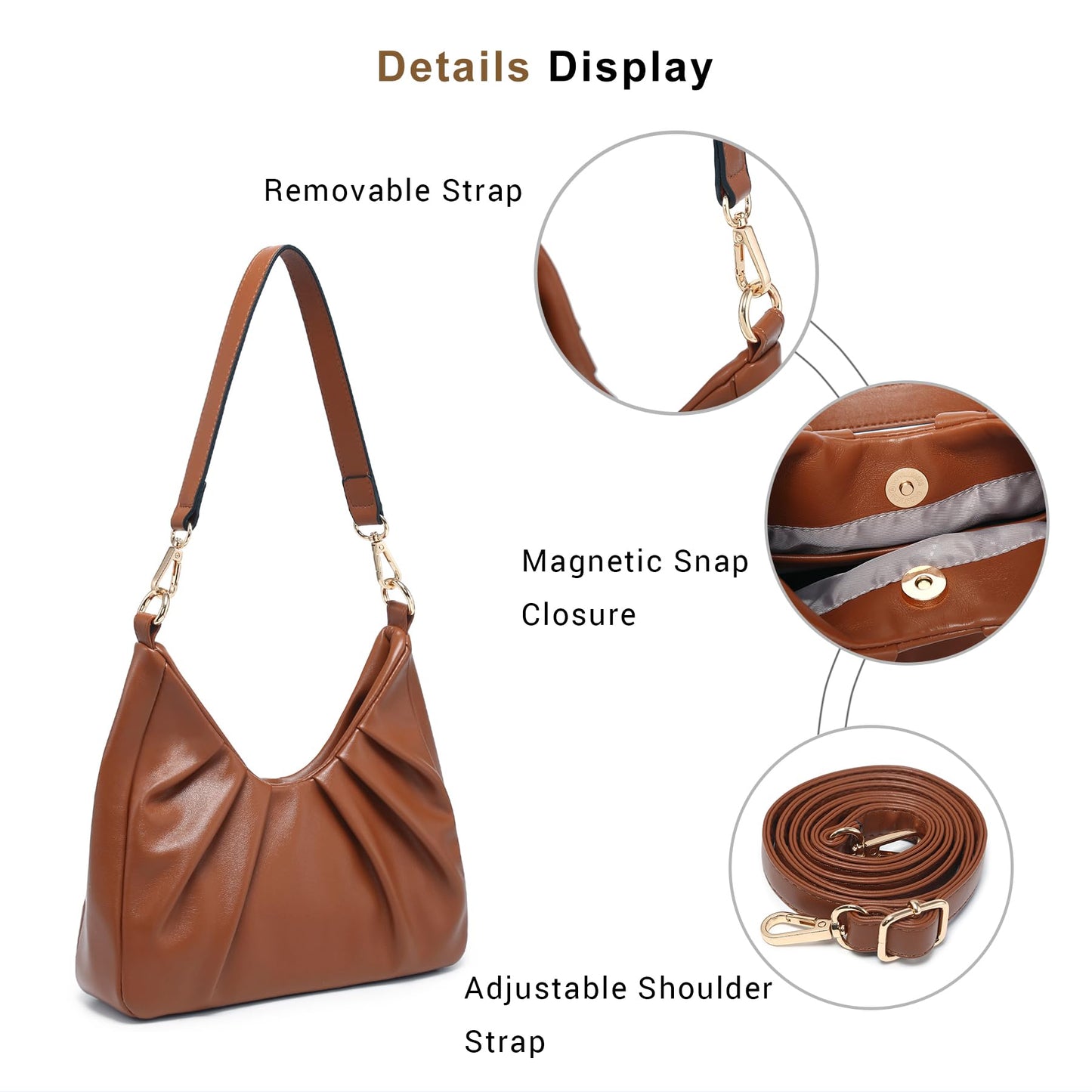 Dasein Ruched Hobo Handbag for Women Retro Shoulder Purse Crossbody Bag with 2 Removable Straps