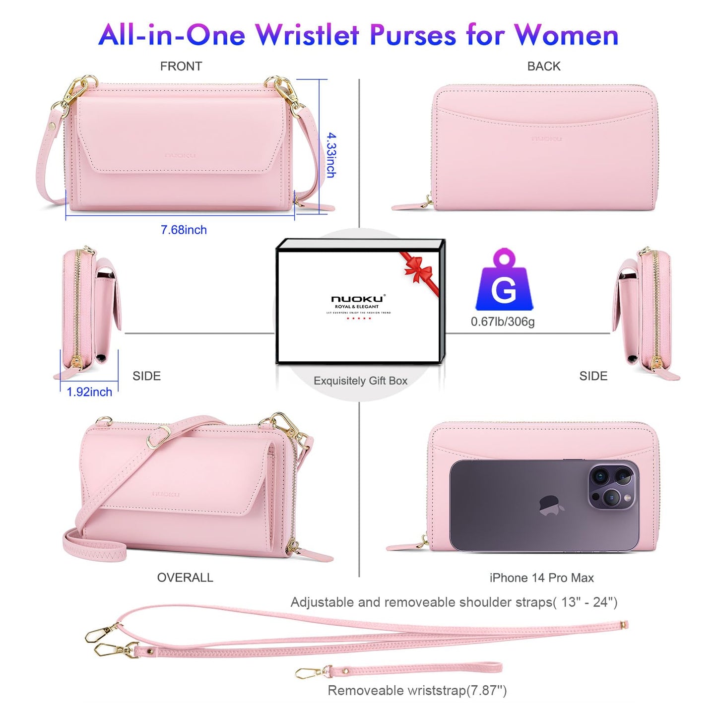 Womens RFID Wallet Purse Wristlet Crossbody Clutch with Zip Around 2 Strap