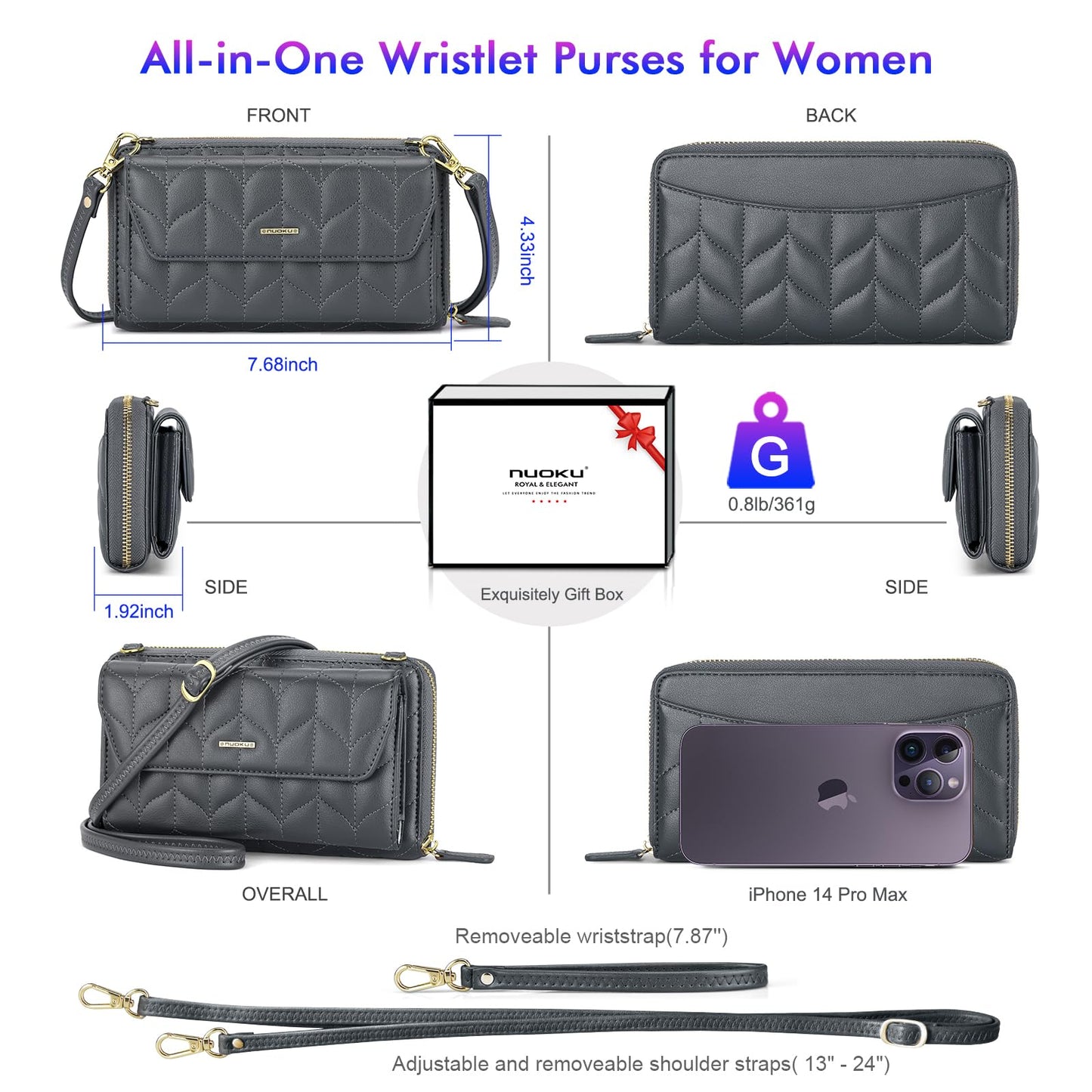 Womens RFID Wallet Purse Wristlet Crossbody Clutch with Zip Around 2 Strap