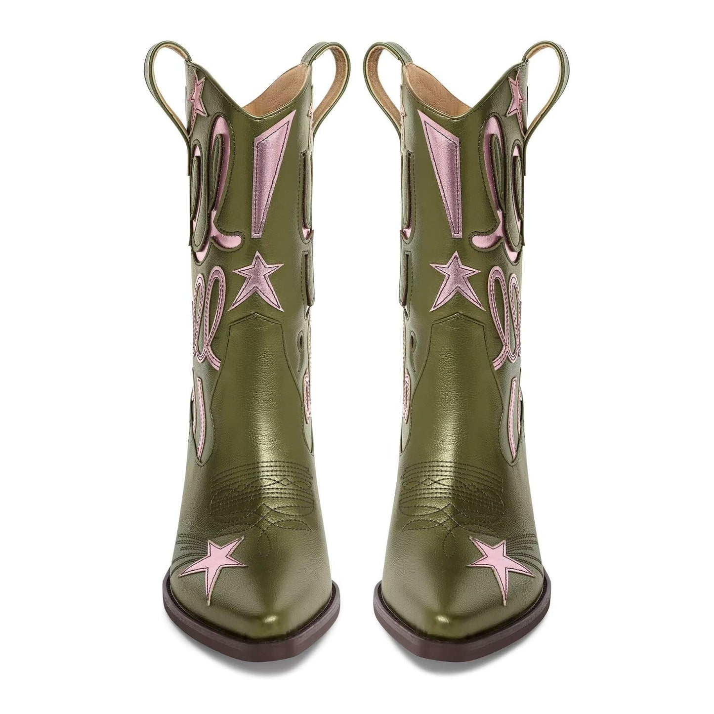 Metallic Cowboy boots for Women Mid Calf Low Heel Pointed Toe Womens Cowgirl Boots Fashion Embroidery Western Pull On Boots