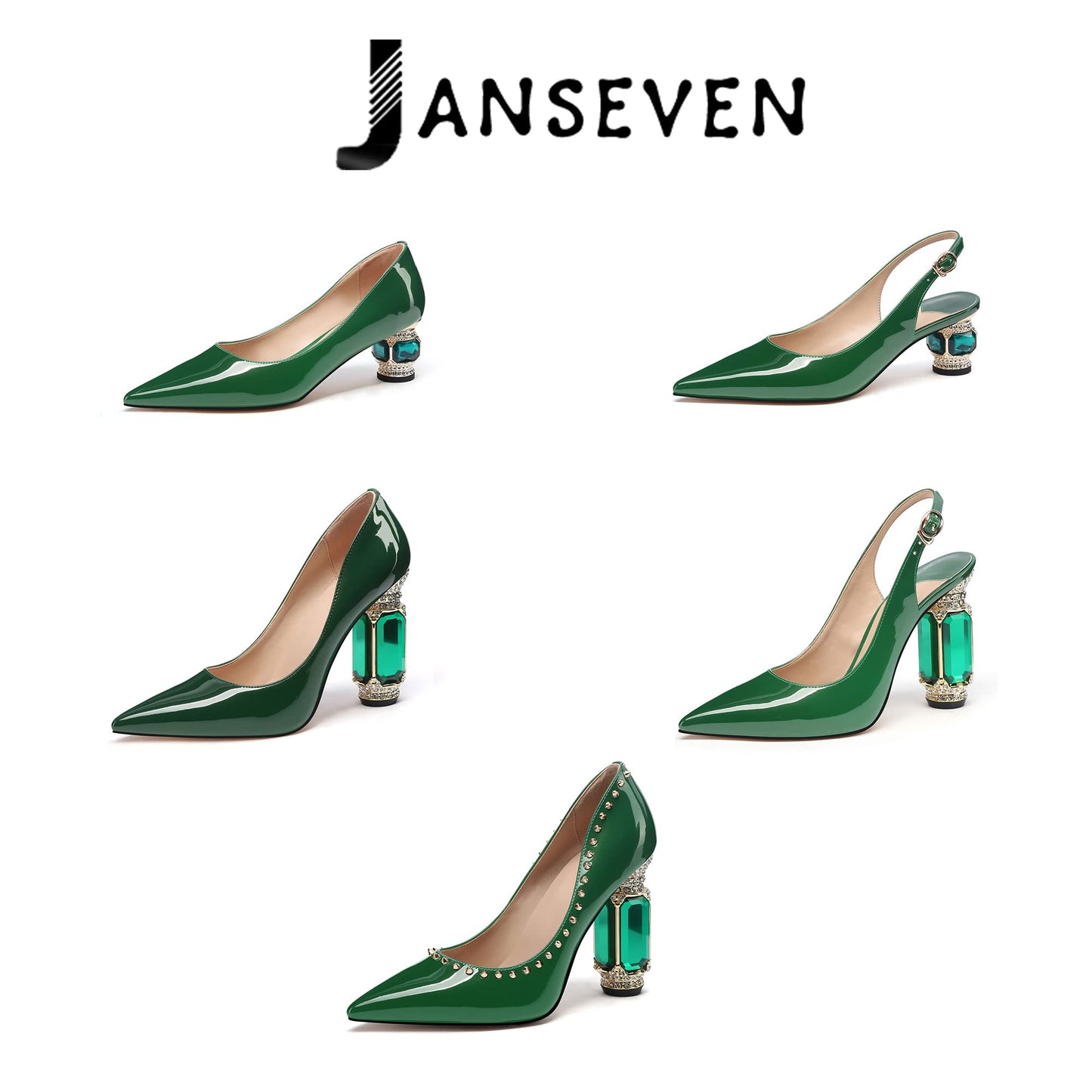 JANSEVEN Women Chunky Heels Pumps Crystal Block Heels with Rhinestones Pointed Toe Sexy Gradient Patent Leather Slip