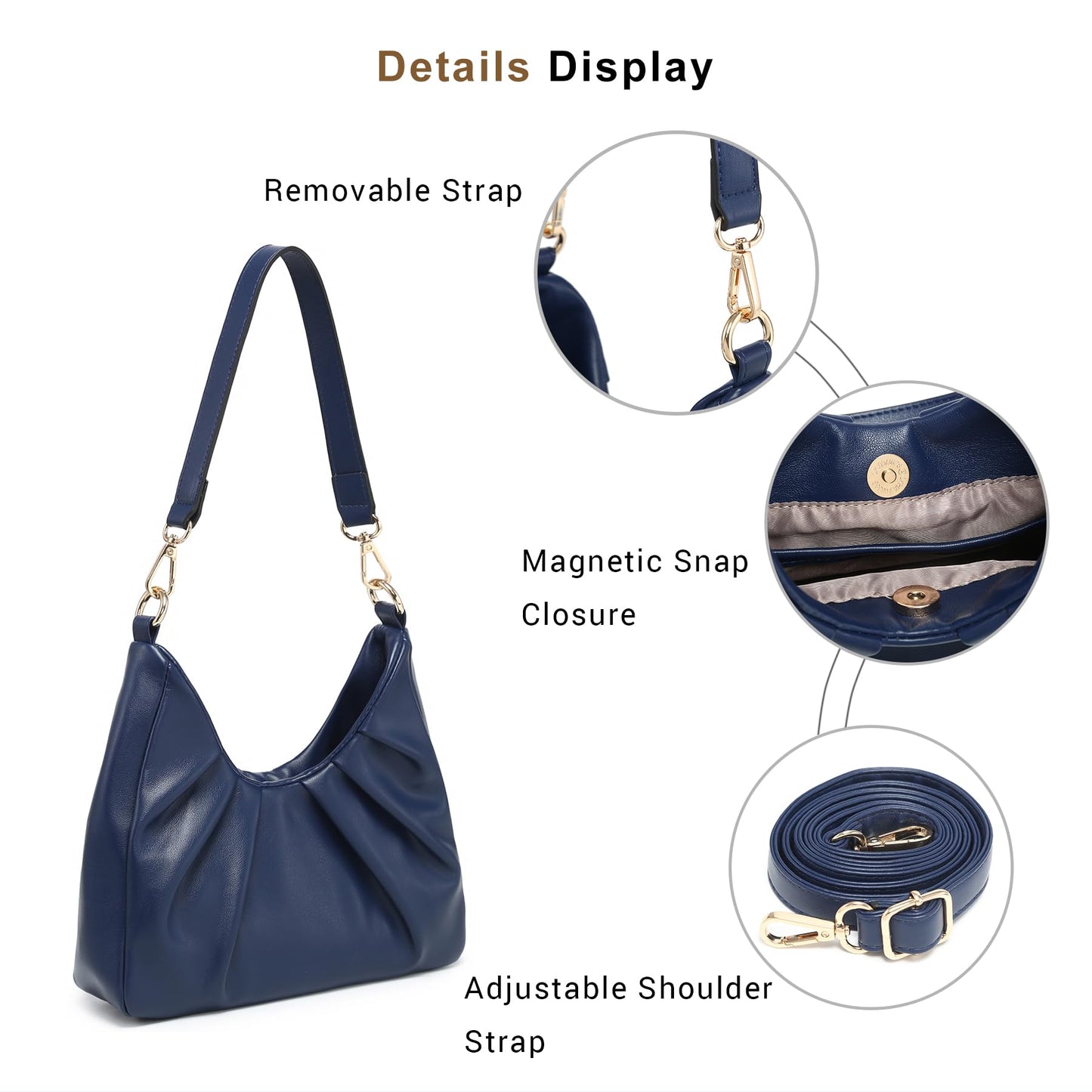 Dasein Ruched Hobo Handbag for Women Retro Shoulder Purse Crossbody Bag with 2 Removable Straps