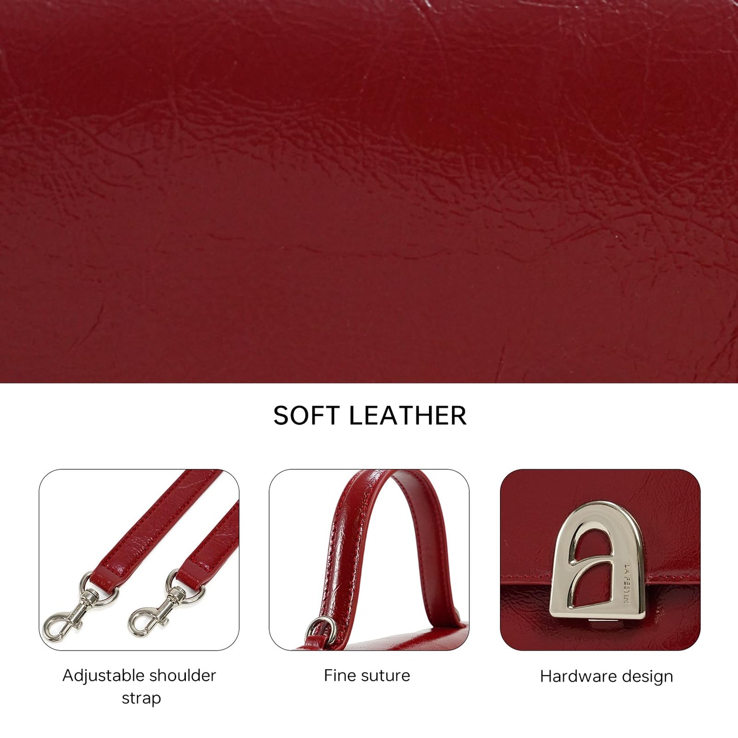 LA FESTIN Leather Crossbody Handbags for Women Small Purse Shoulder Bag with Detachable Shoulder Straps