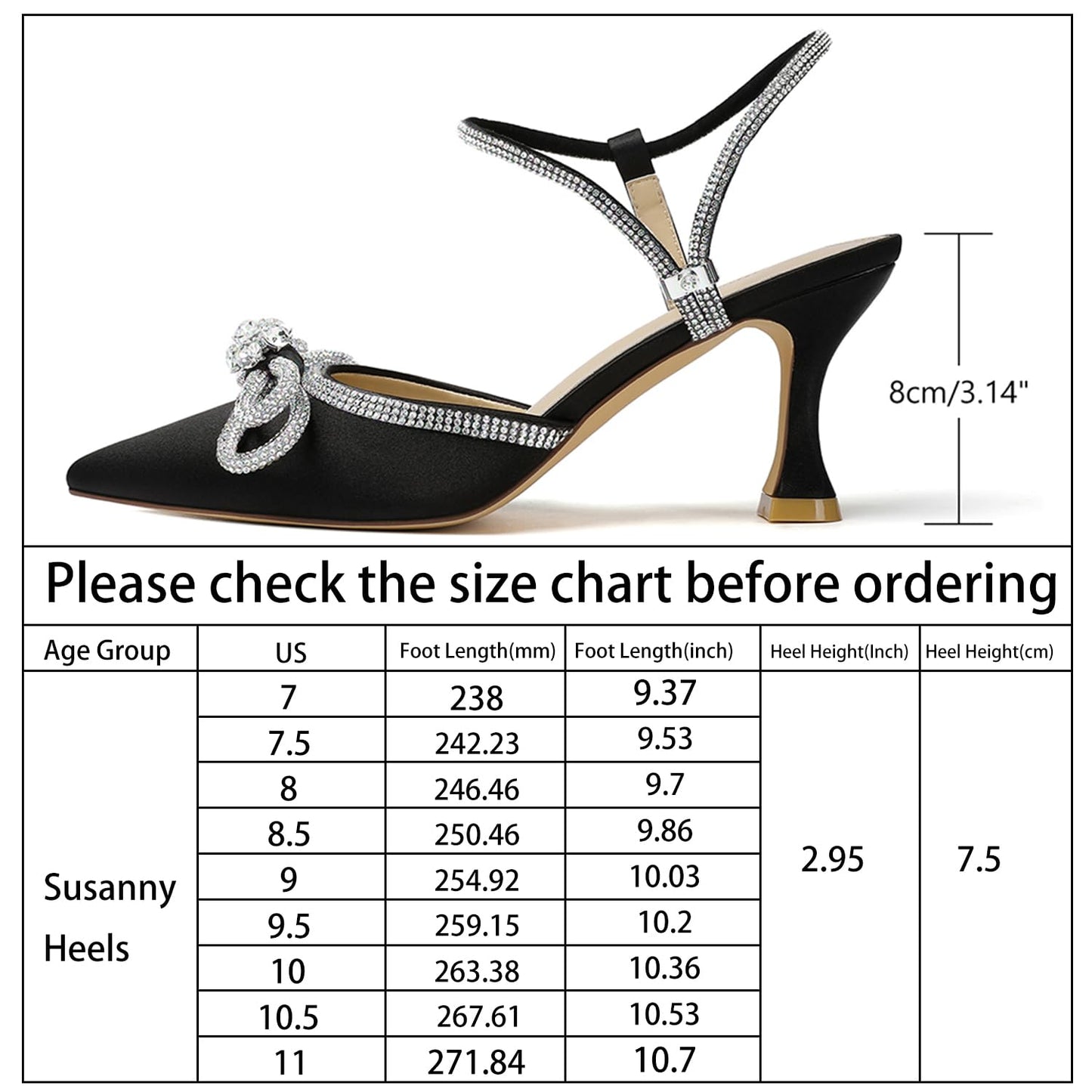 Susanny Women's Closed Toe Rhinstone Wedding Low Heel Slingback Clear Kitten Heels,Adjustable Strap Pointed Toe Bow Pumps High Heeled Prom Dress Shoes