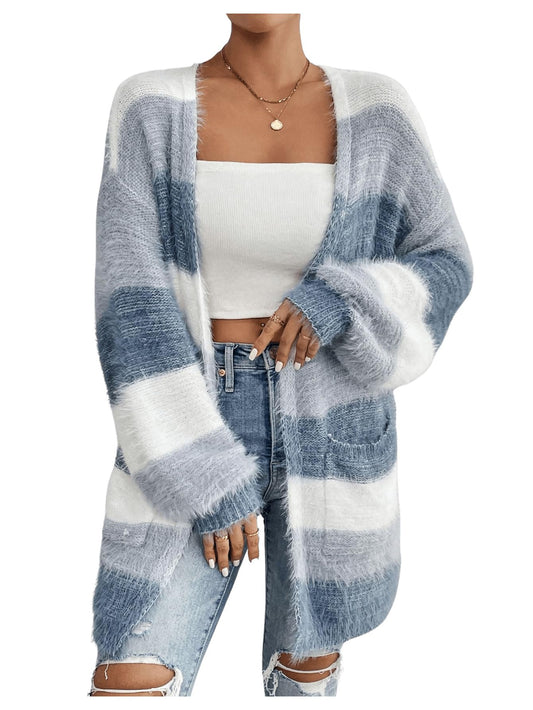 Women's Striped Color Block Open Front Fuzzy Cardigan Sweater Coat with Pockets