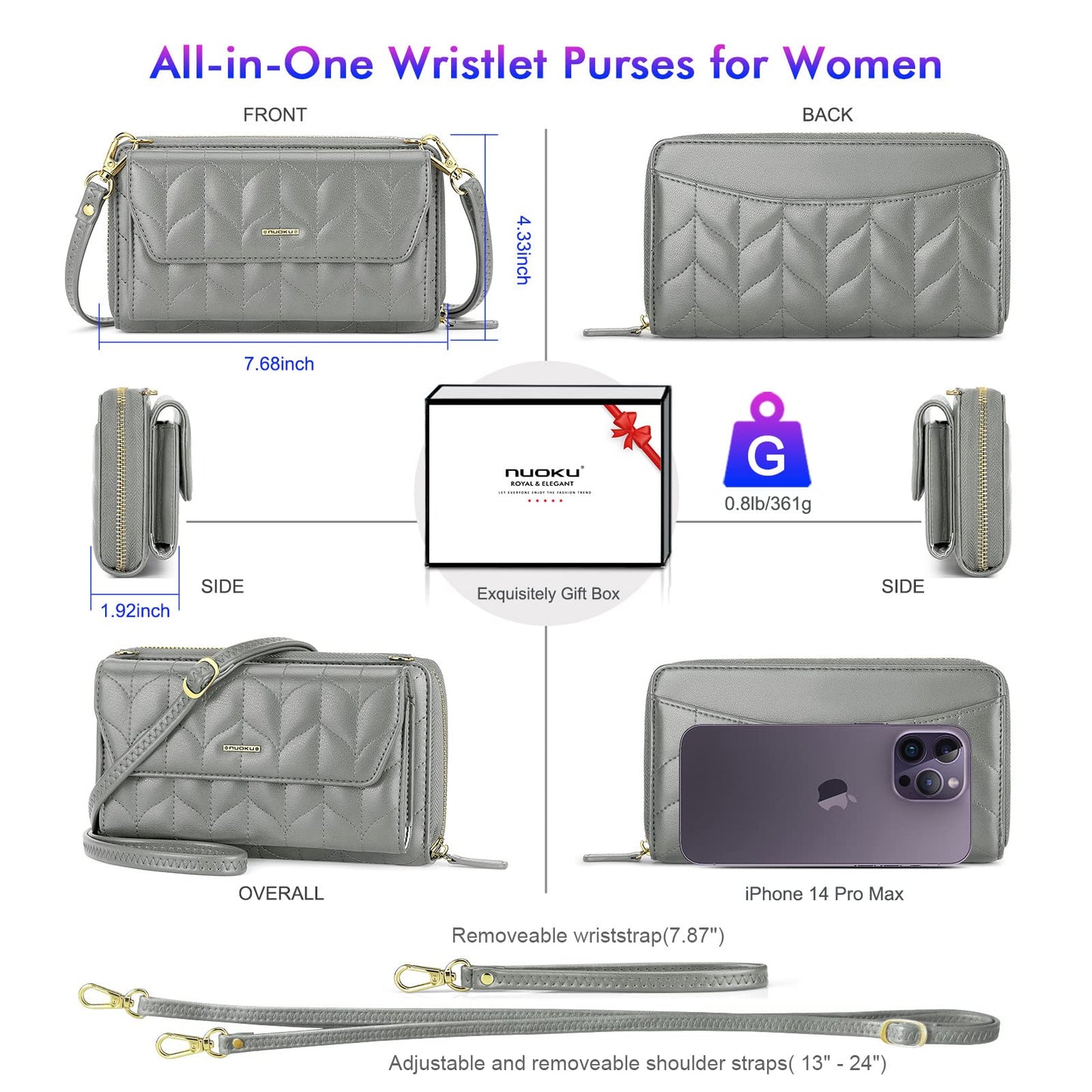 Womens RFID Wallet Purse Wristlet Crossbody Clutch with Zip Around 2 Strap