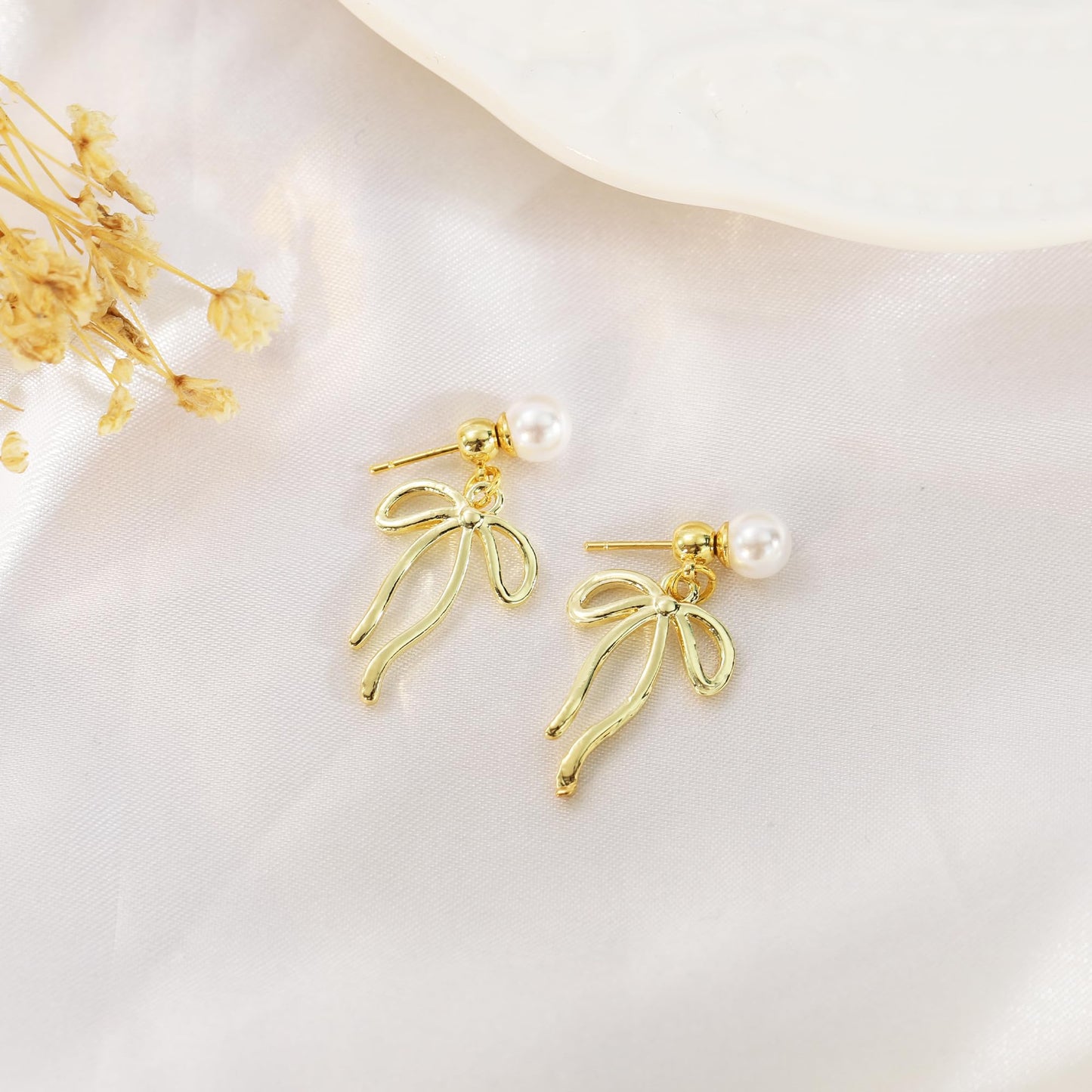 Women Bow Earrings - 18K Gold Plated Bow Stud Earrings Bow Dangle Drop Earrings Ribbon Earrings