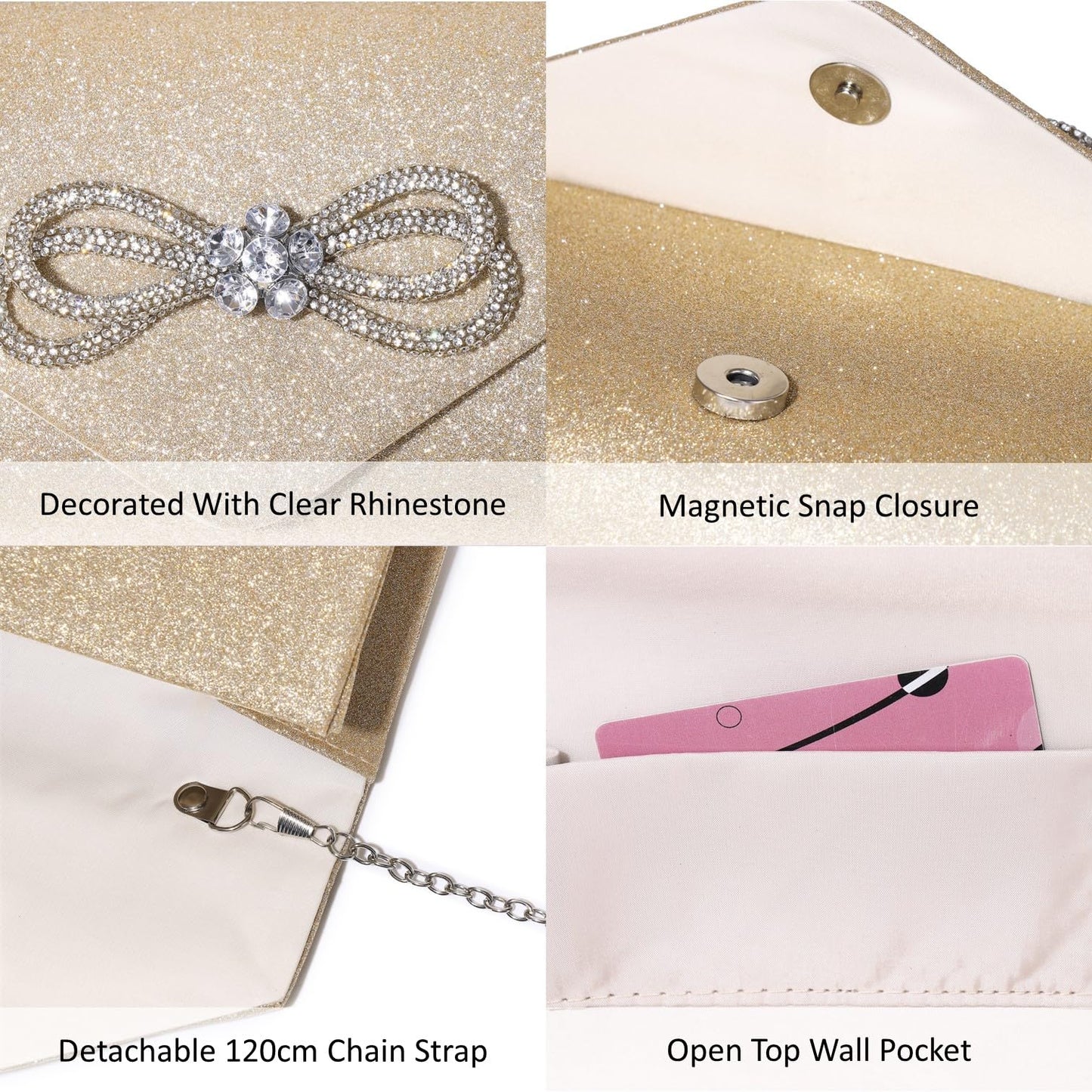 Women Evening Handbag Shiny Crystal Bow Flap Clutch Purse for Women Wedding Party Prom Purse