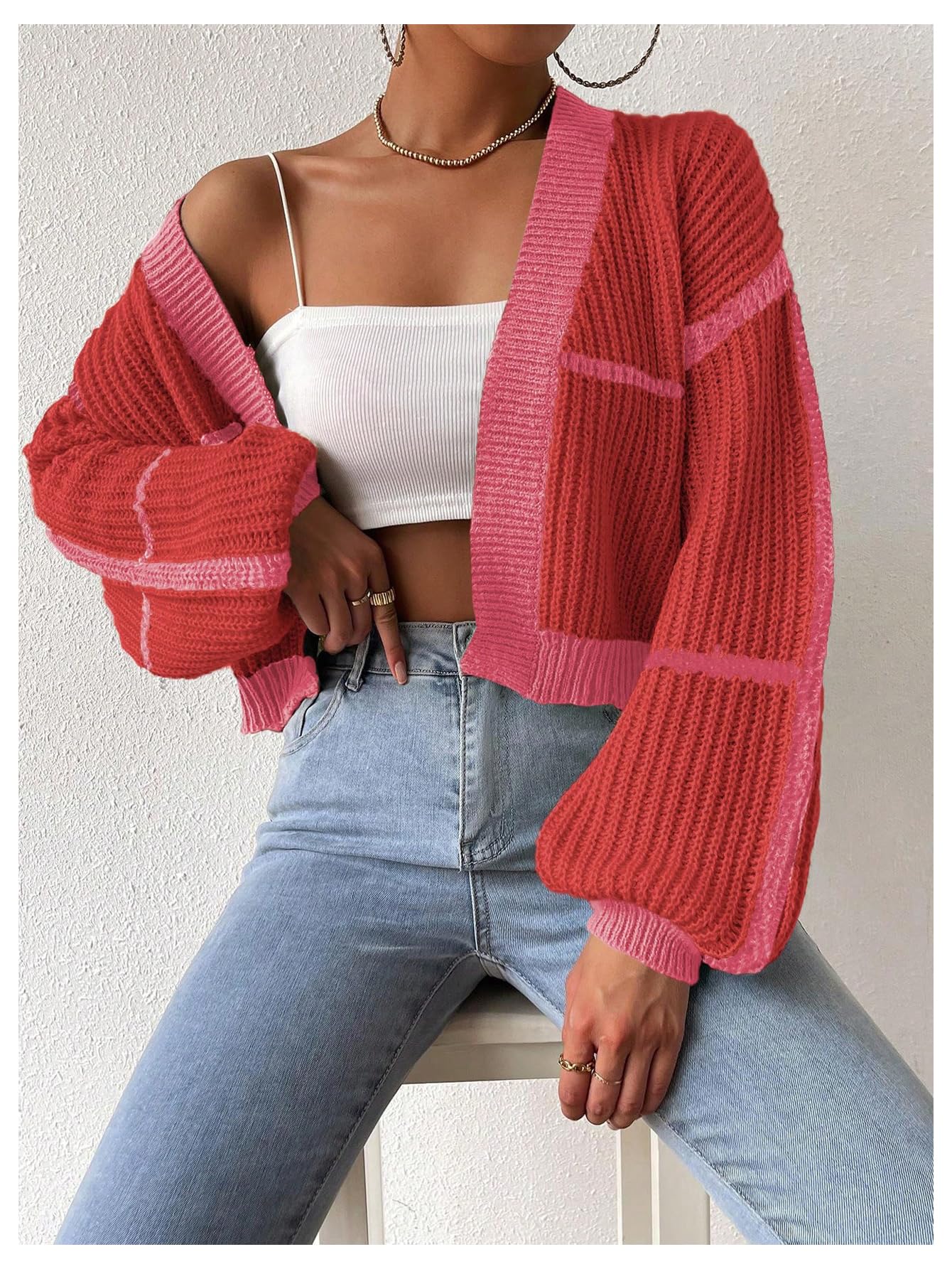 Women's Color Block Crop Cardigan Top Bishop Long Sleeve Open Front Sweater