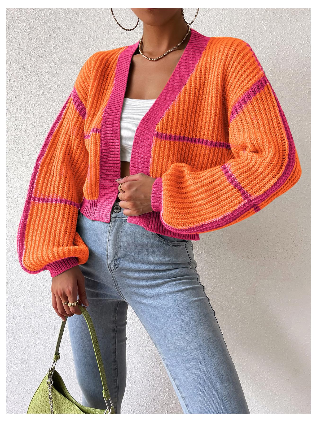 Women's Color Block Crop Cardigan Top Bishop Long Sleeve Open Front Sweater