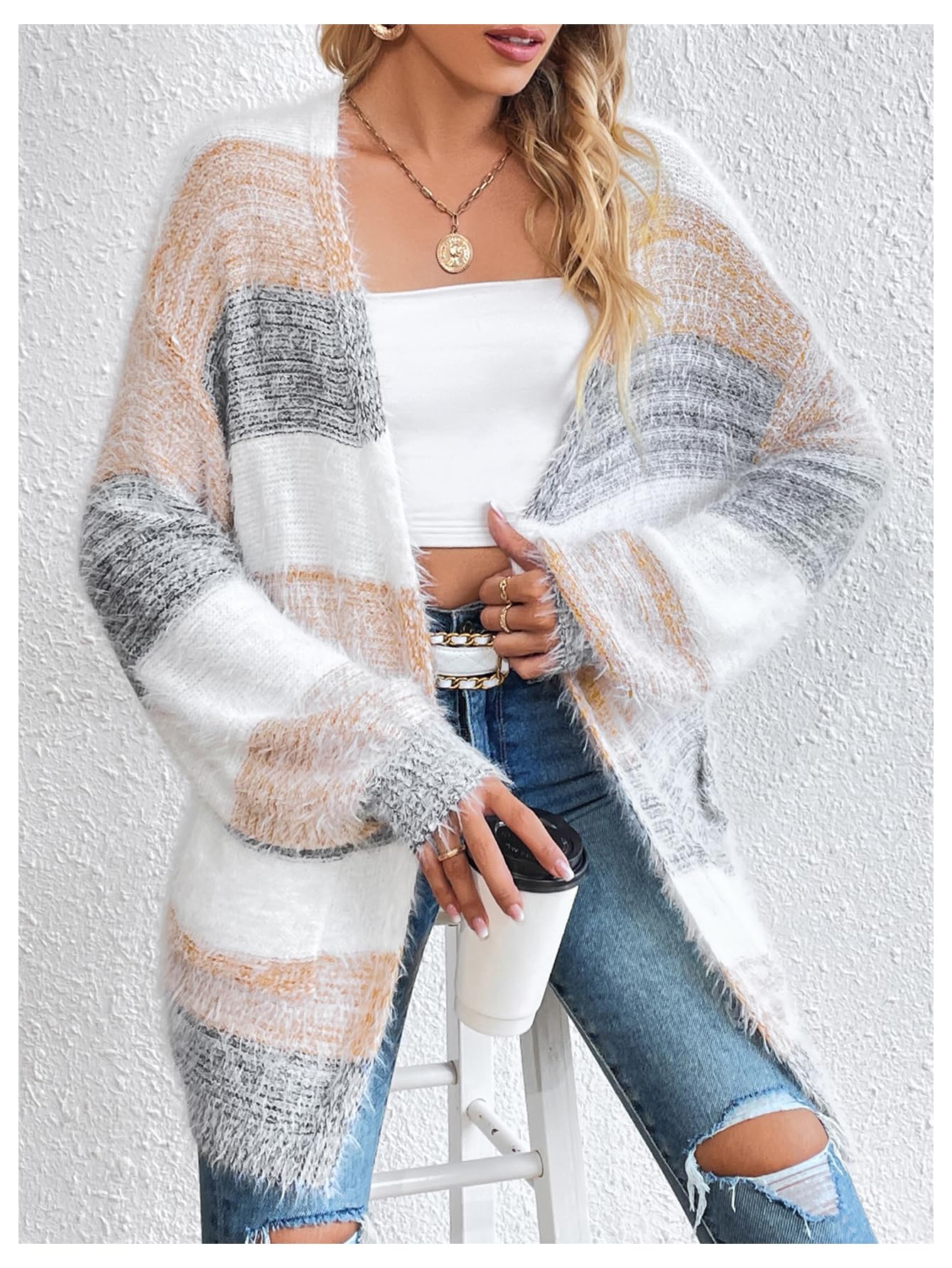 Women's Striped Color Block Open Front Fuzzy Cardigan Sweater Coat with Pockets