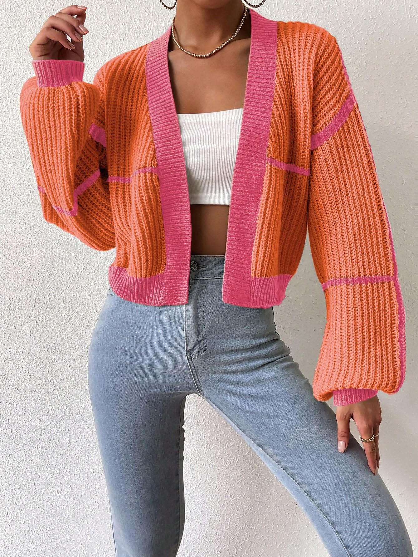 Women's Color Block Crop Cardigan Top Bishop Long Sleeve Open Front Sweater