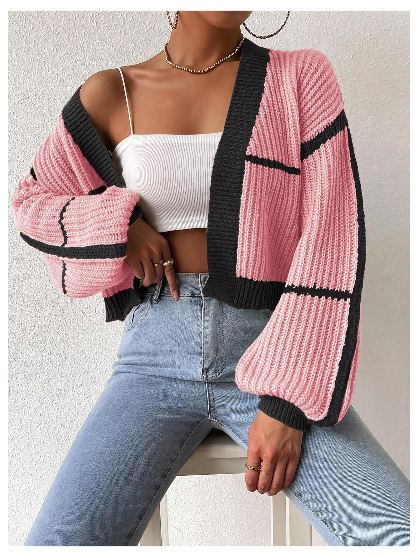 Women's Color Block Crop Cardigan Top Bishop Long Sleeve Open Front Sweater