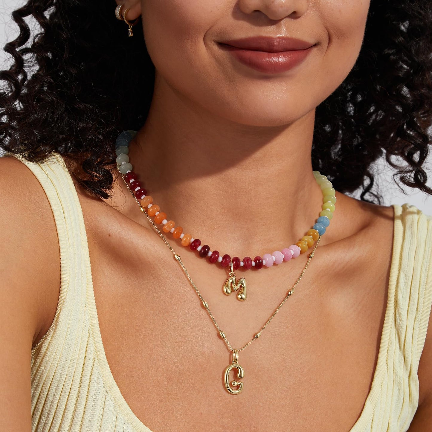 Initial Necklaces for Women, Colorful Beaded Gemstone Choker 14K Gold Bubble Letter Pendant Necklace Natural Stone Summer Beach Handmade Jewelry