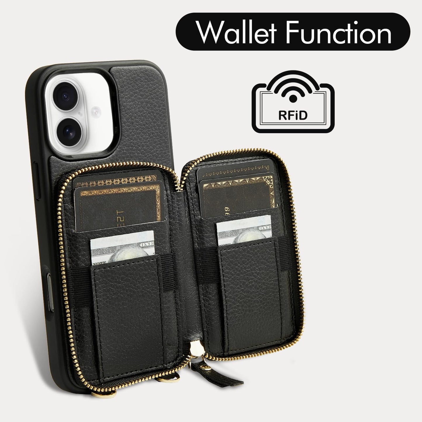 ZVE for iPhone 16 / iPhone 16 Pro Case Wallet, RFID Blocking Leather Case with Card Holder, Crossbody Wrist Strap Phone Case