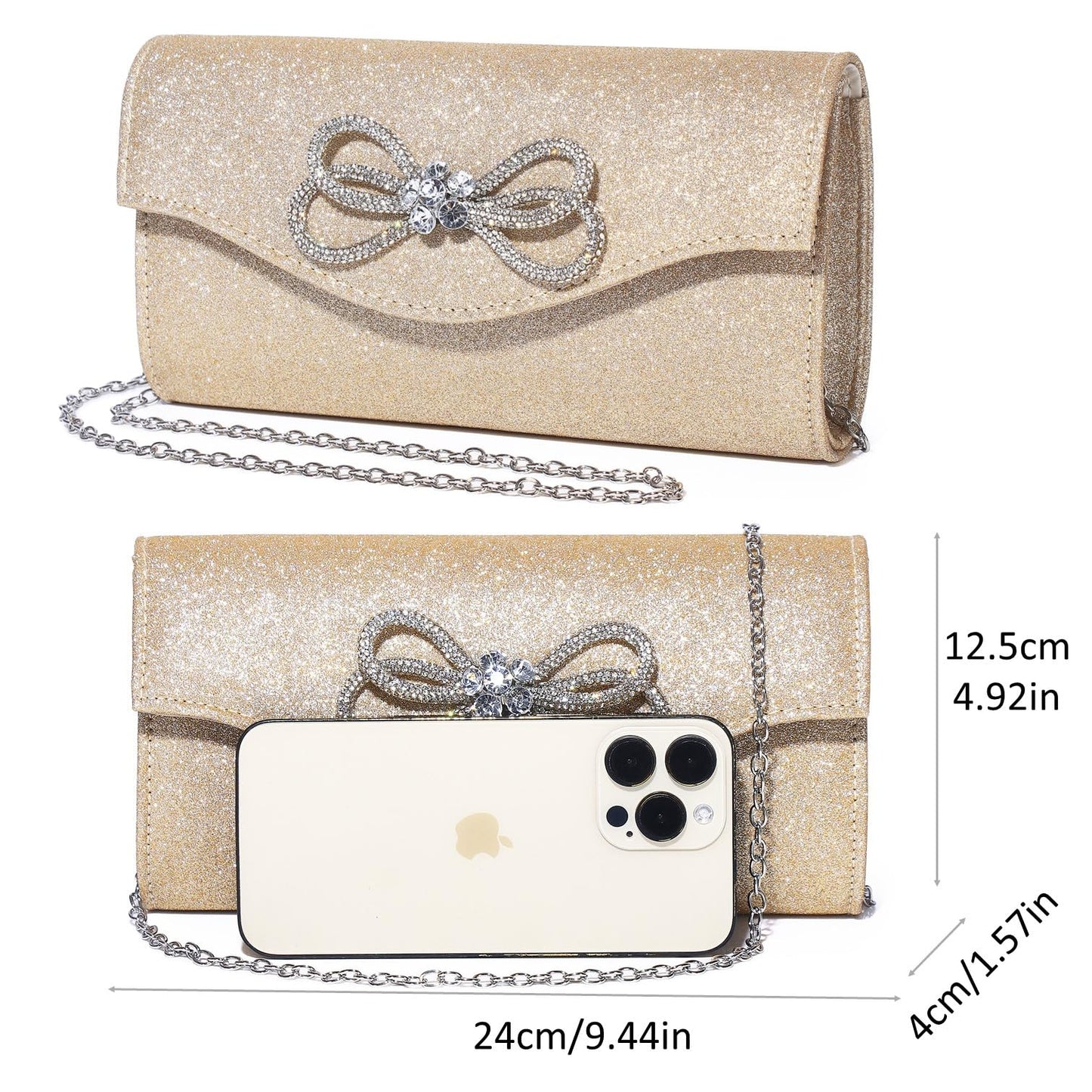 Women Evening Handbag Shiny Crystal Bow Flap Clutch Purse for Women Wedding Party Prom Purse