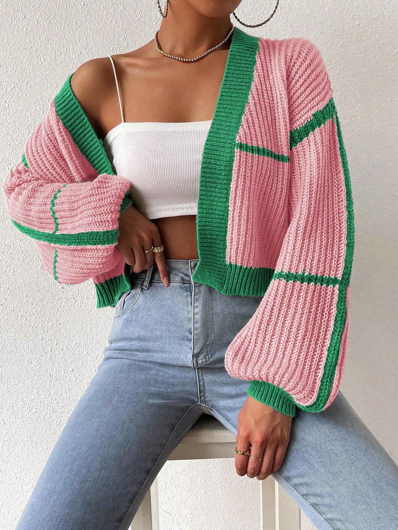 Women's Color Block Crop Cardigan Top Bishop Long Sleeve Open Front Sweater