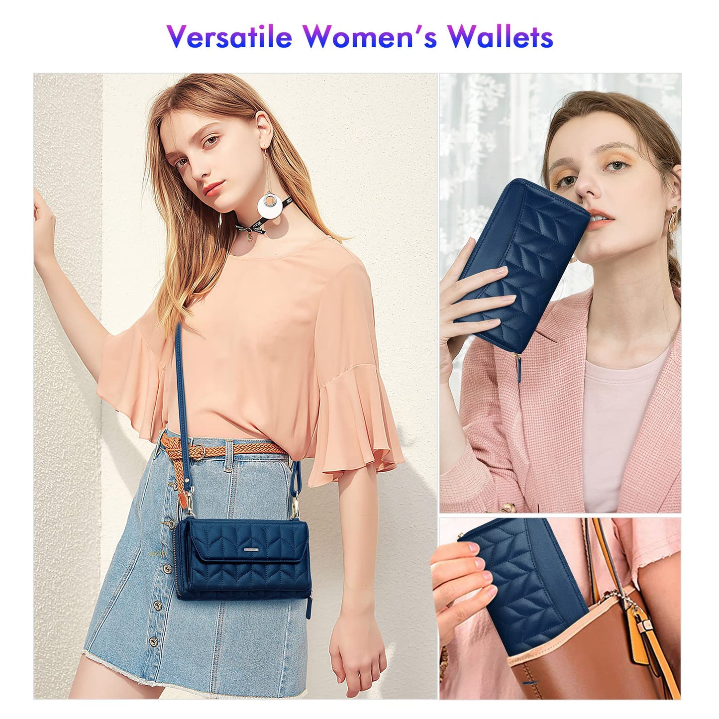 Womens RFID Wallet Purse Wristlet Crossbody Clutch with Zip Around 2 Strap