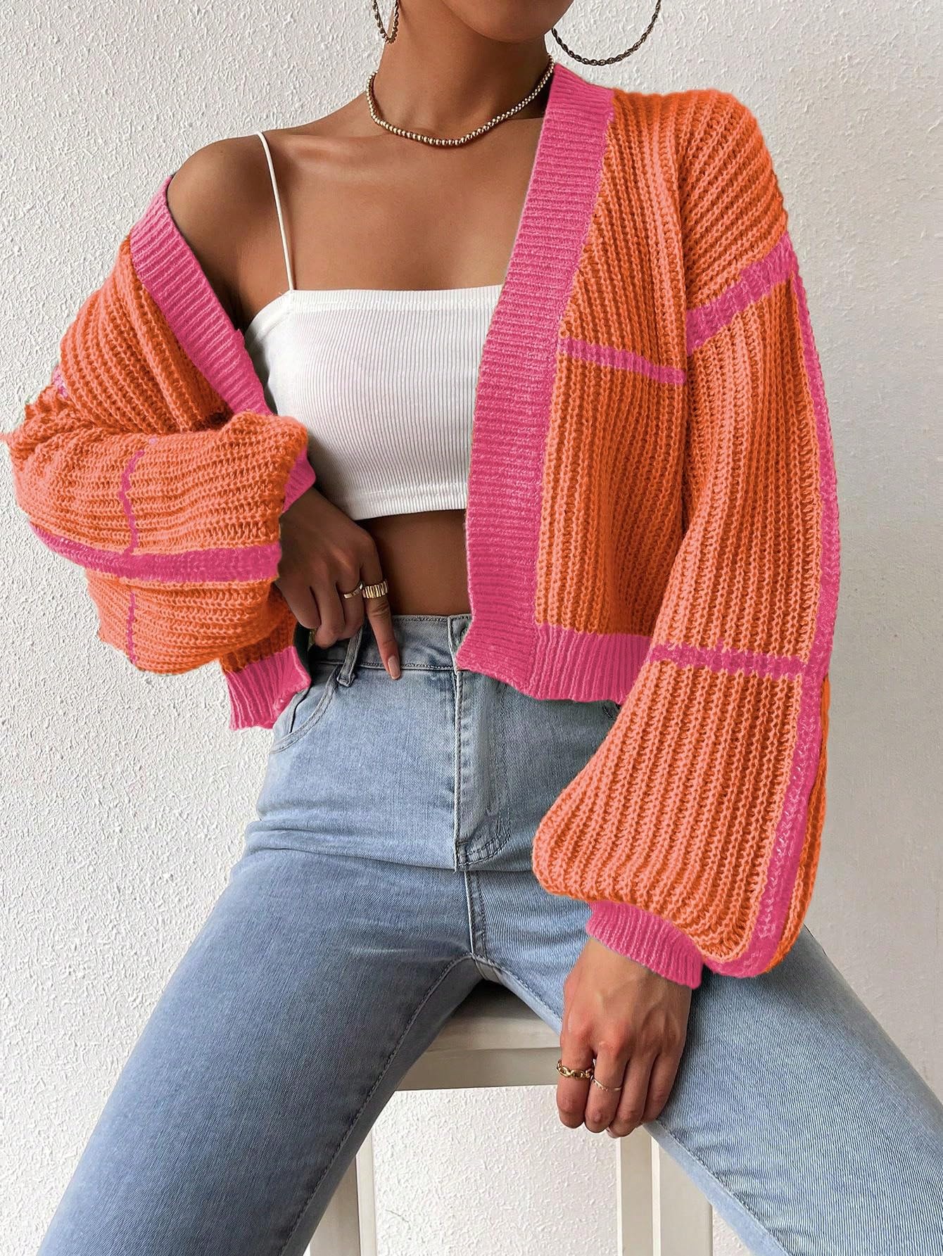 Women's Color Block Crop Cardigan Top Bishop Long Sleeve Open Front Sweater