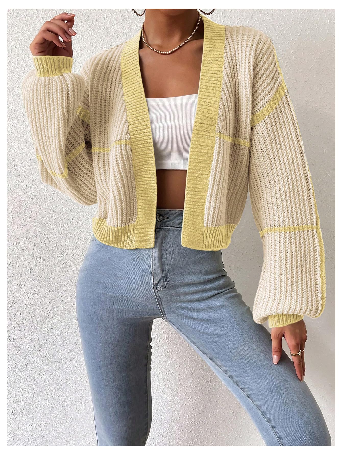 Women's Color Block Crop Cardigan Top Bishop Long Sleeve Open Front Sweater