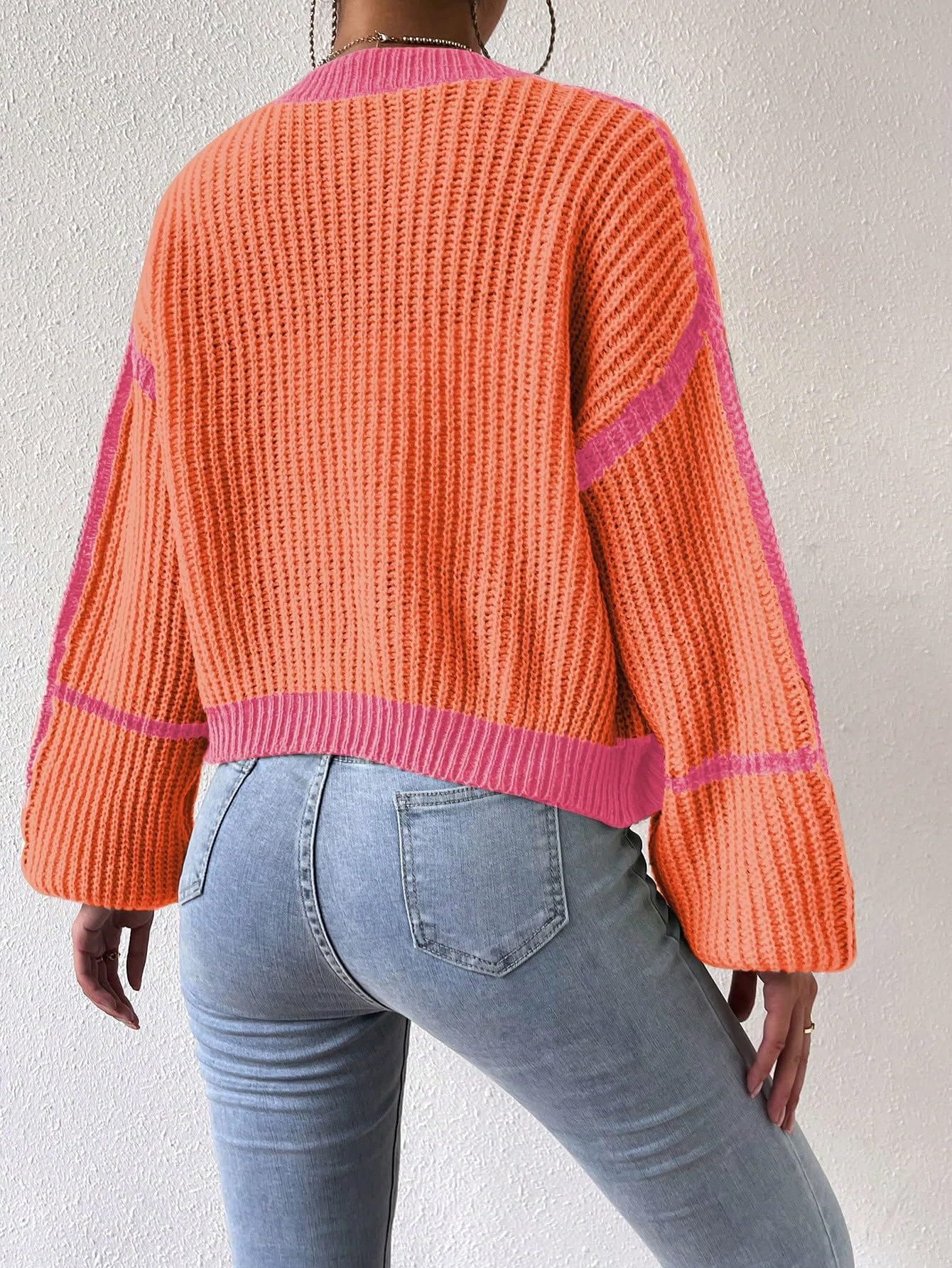 Women's Color Block Crop Cardigan Top Bishop Long Sleeve Open Front Sweater