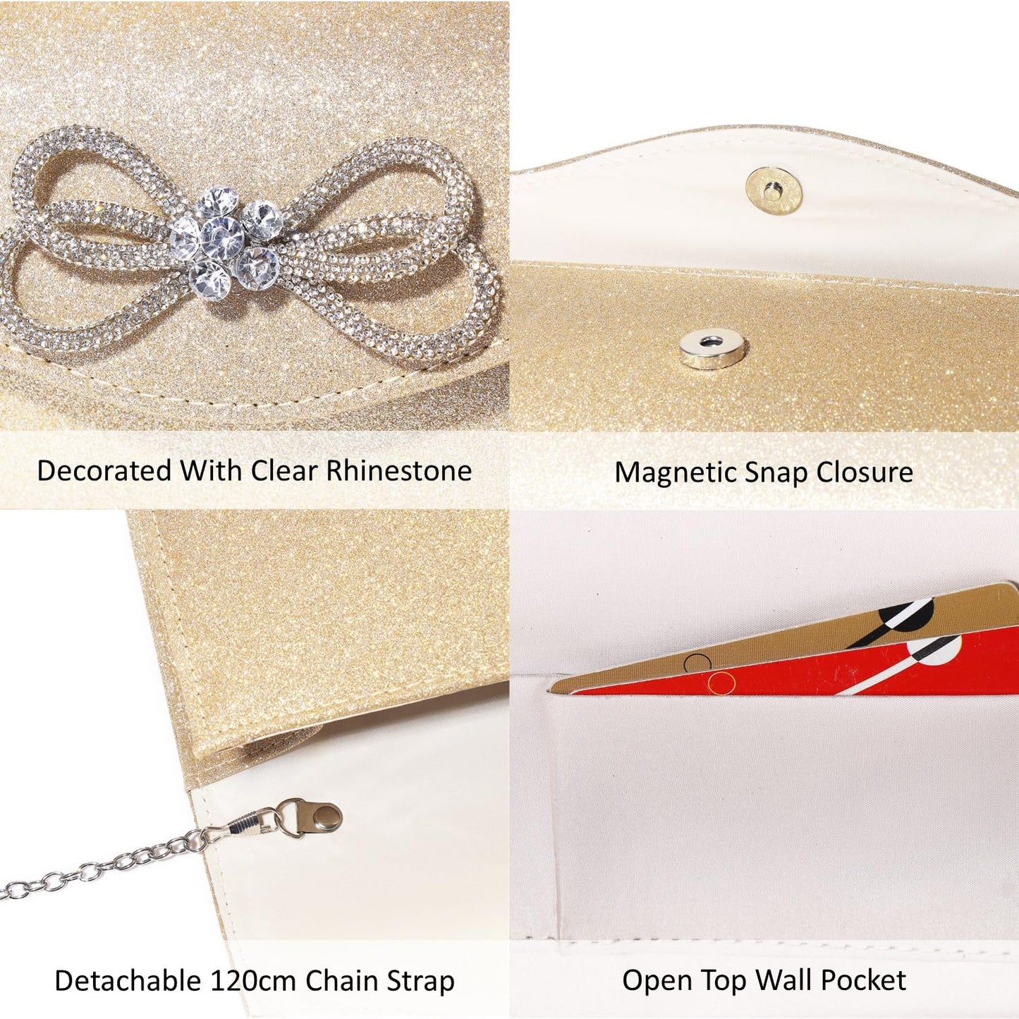 Women Evening Handbag Shiny Crystal Bow Flap Clutch Purse for Women Wedding Party Prom Purse