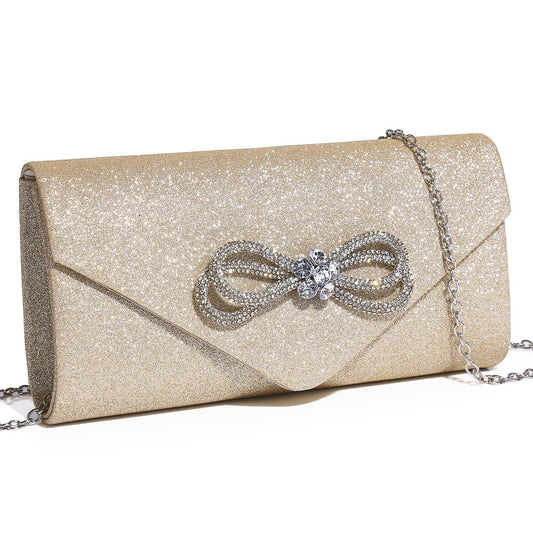 Women Evening Handbag Shiny Crystal Bow Flap Clutch Purse for Women Wedding Party Prom Purse