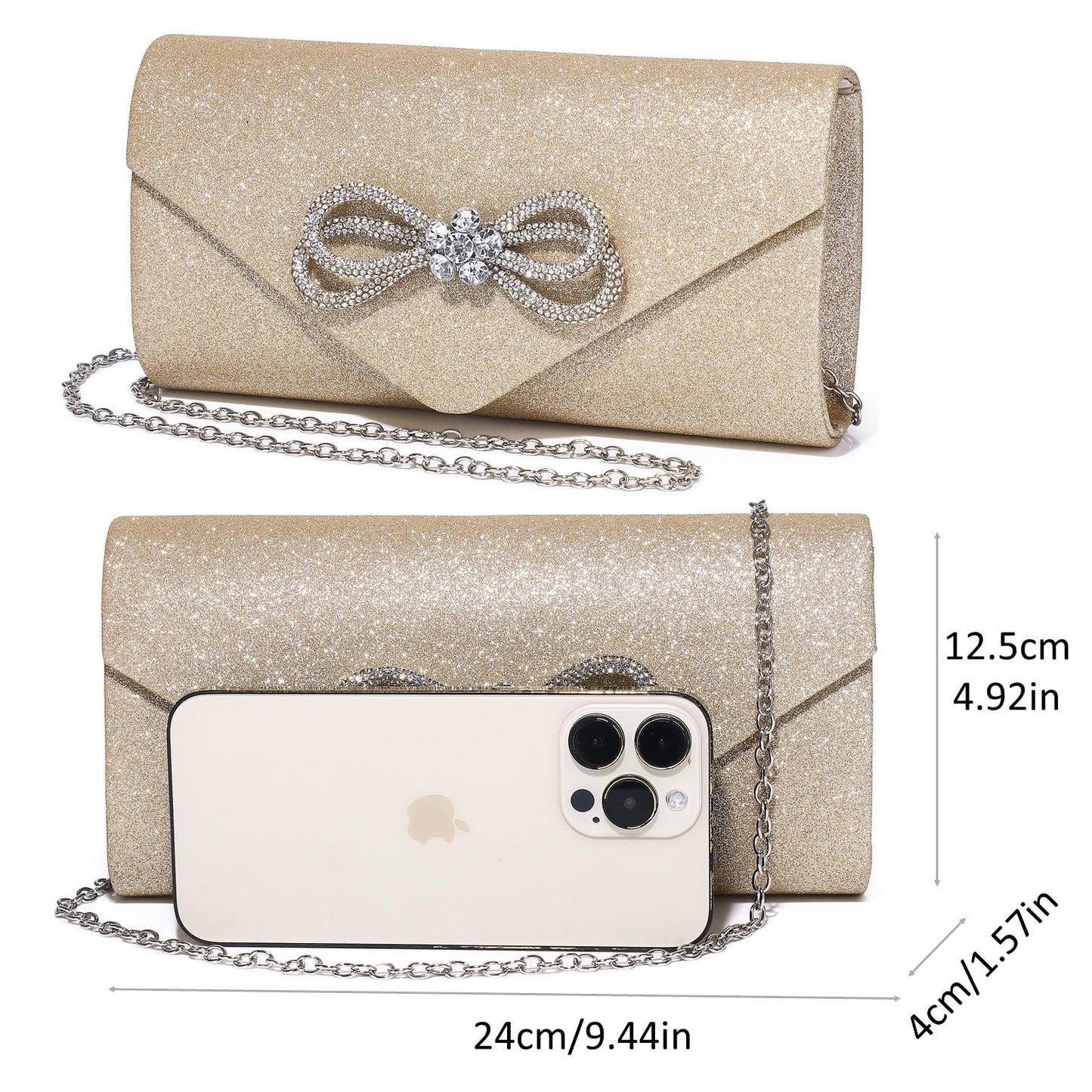 Women Evening Handbag Shiny Crystal Bow Flap Clutch Purse for Women Wedding Party Prom Purse