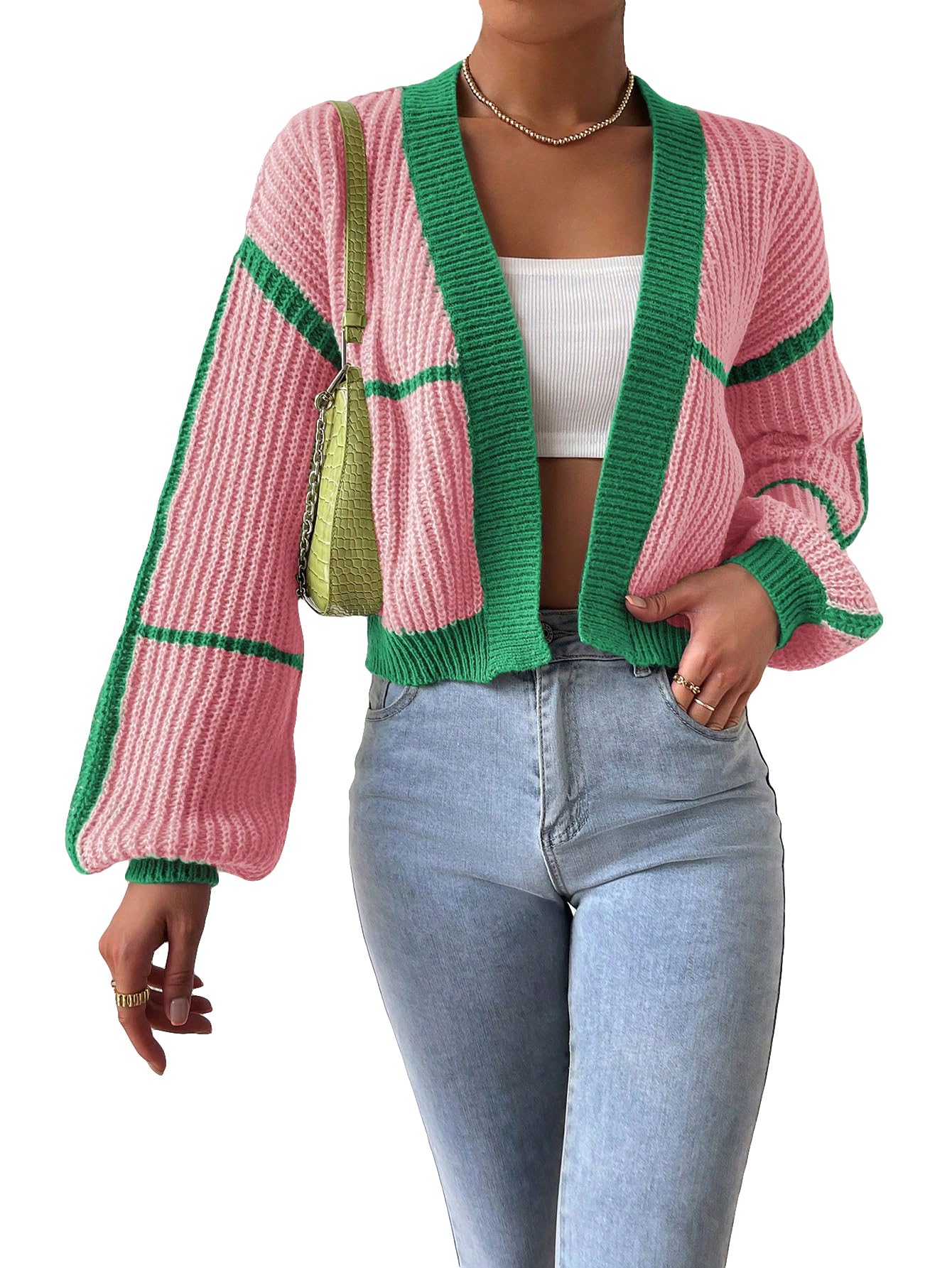 Women's Color Block Crop Cardigan Top Bishop Long Sleeve Open Front Sweater