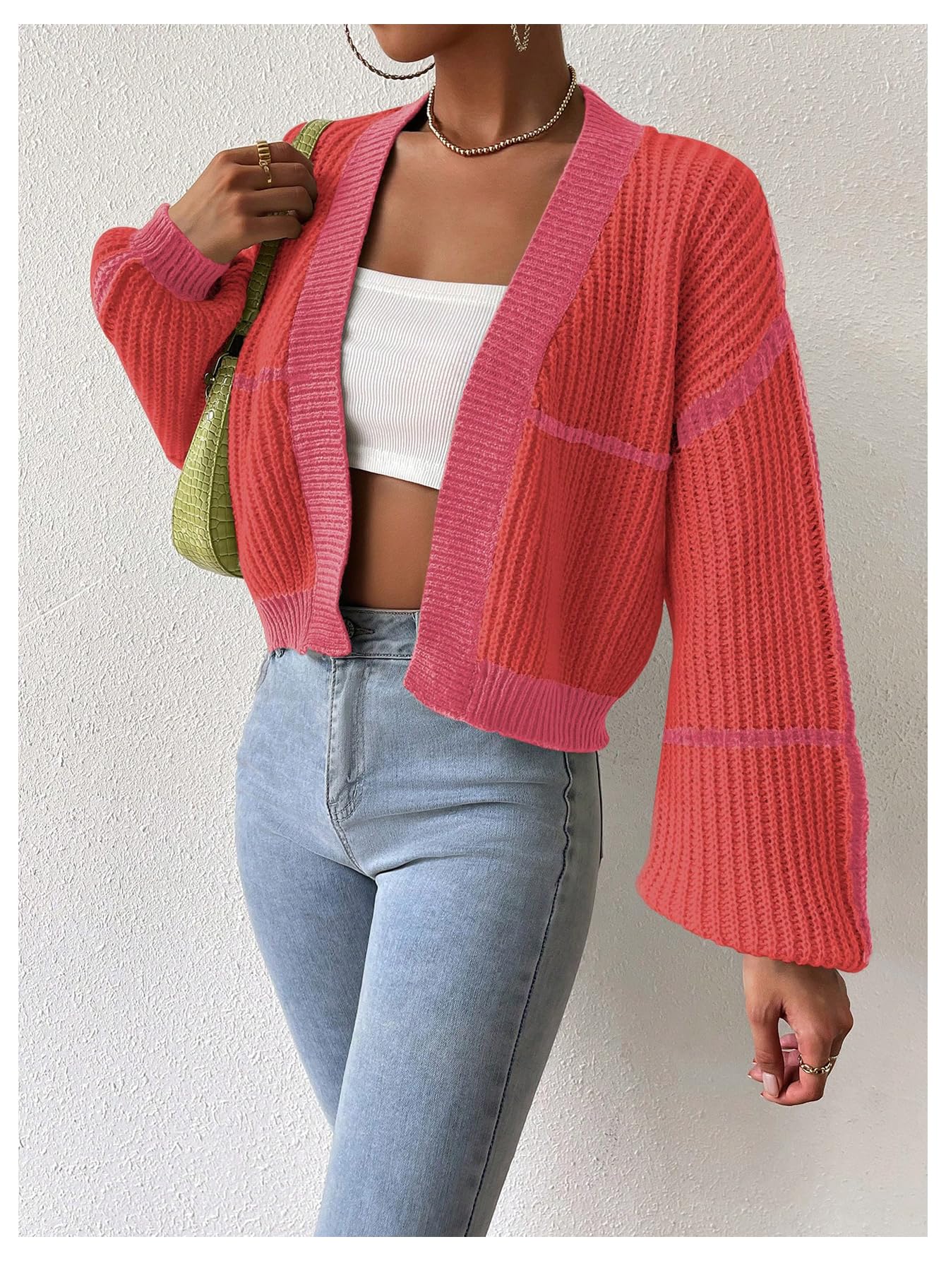 Women's Color Block Crop Cardigan Top Bishop Long Sleeve Open Front Sweater