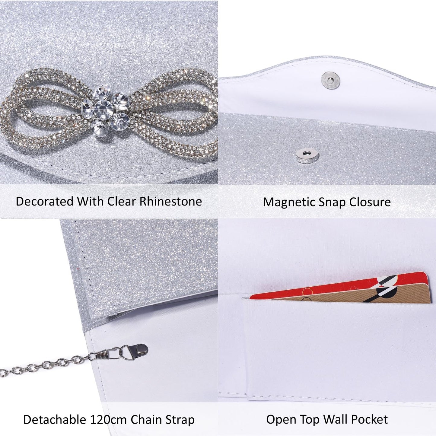 Women Evening Handbag Shiny Crystal Bow Flap Clutch Purse for Women Wedding Party Prom Purse