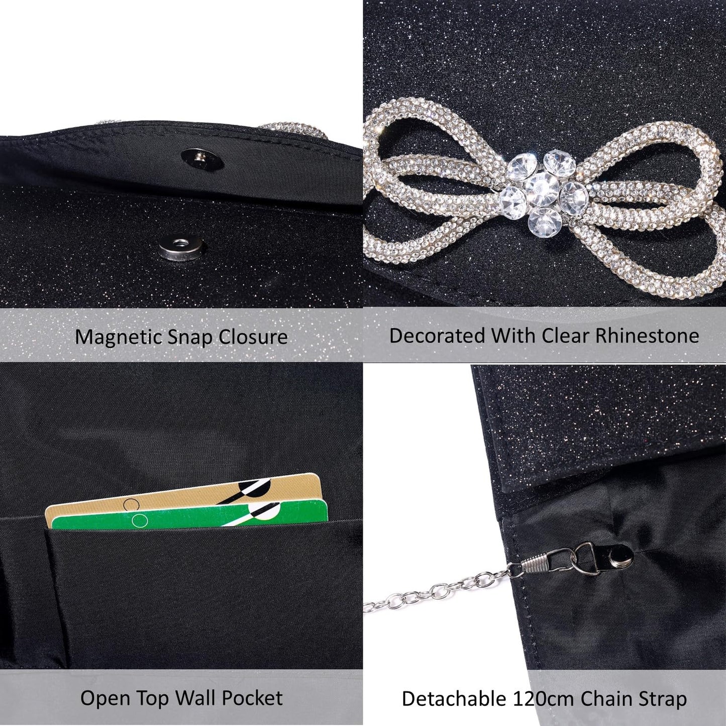 Women Evening Handbag Shiny Crystal Bow Flap Clutch Purse for Women Wedding Party Prom Purse