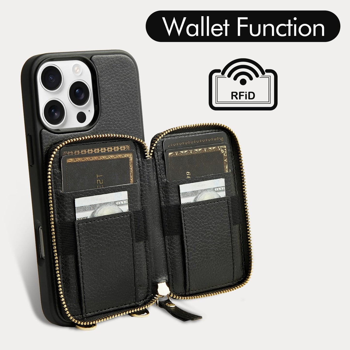 ZVE for iPhone 16 / iPhone 16 Pro Case Wallet, RFID Blocking Leather Case with Card Holder, Crossbody Wrist Strap Phone Case