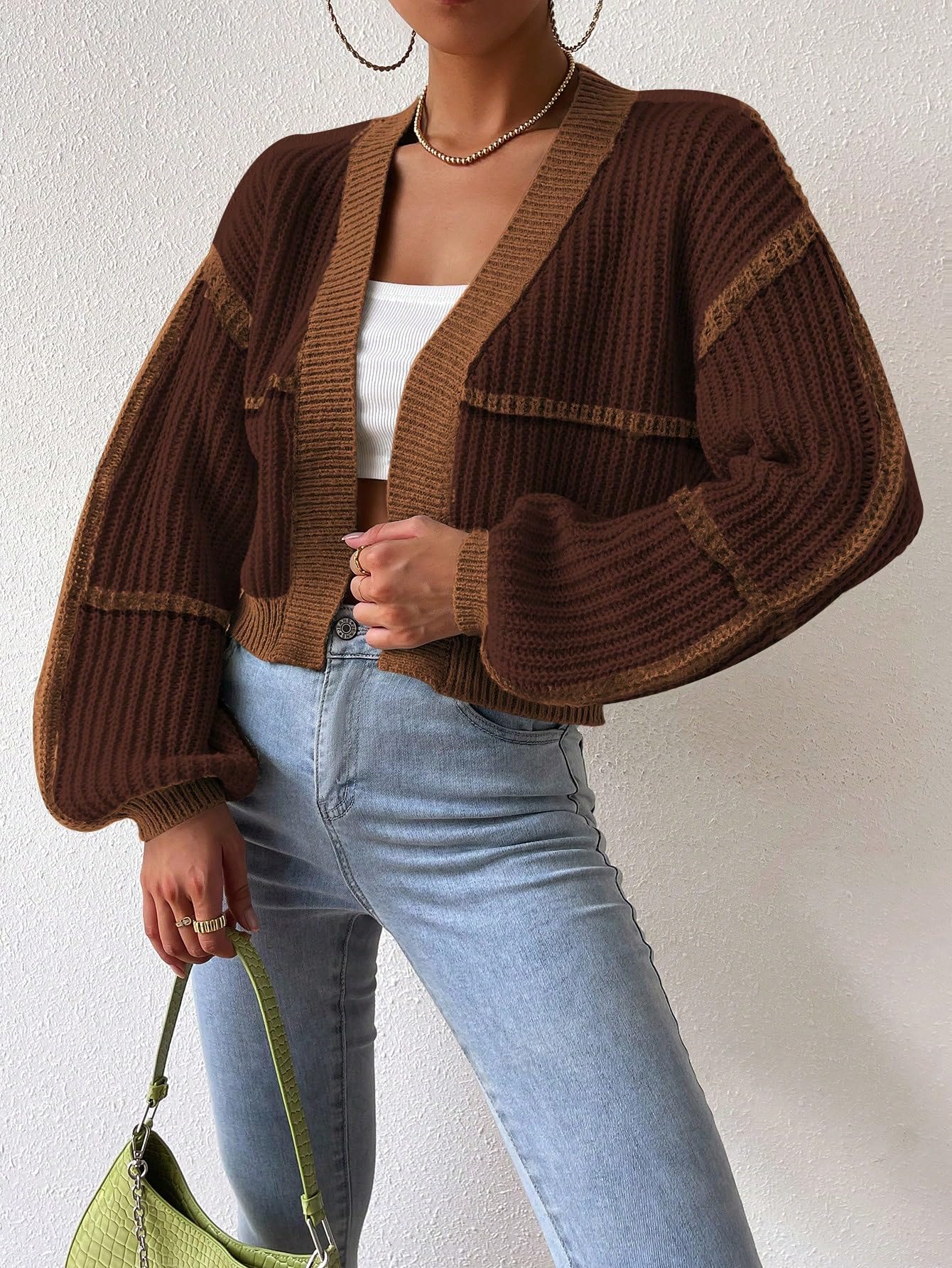 Women's Color Block Crop Cardigan Top Bishop Long Sleeve Open Front Sweater