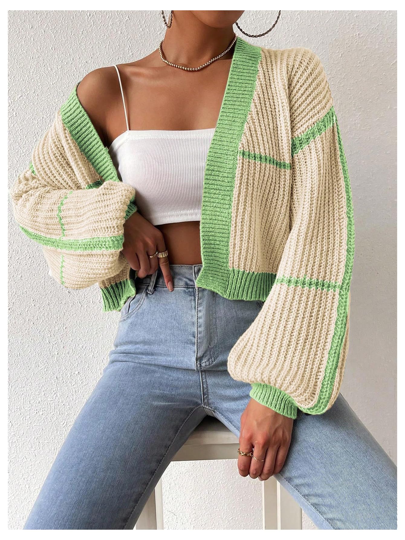 Women's Color Block Crop Cardigan Top Bishop Long Sleeve Open Front Sweater