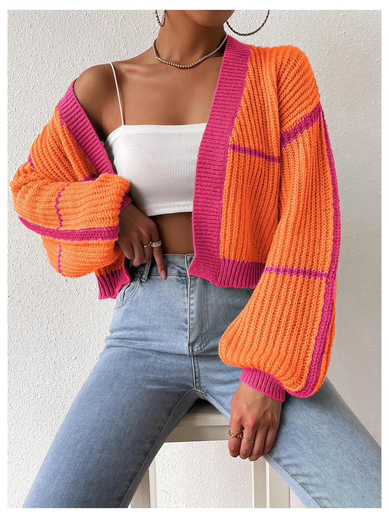 Women's Color Block Crop Cardigan Top Bishop Long Sleeve Open Front Sweater