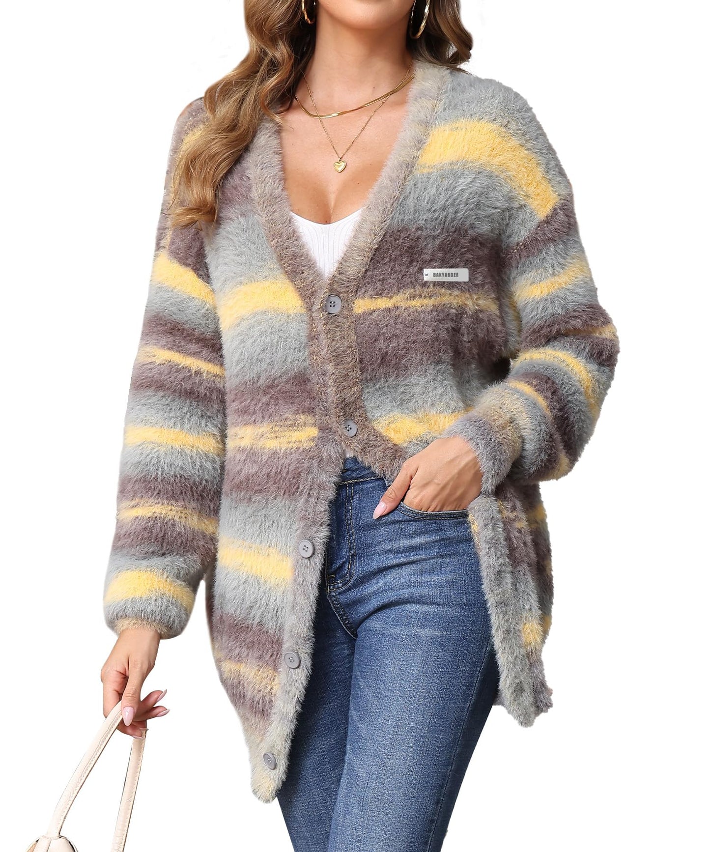 Women's Y2K Color-Block Striped V Neck Button Down Open Front Cardigan Sweater