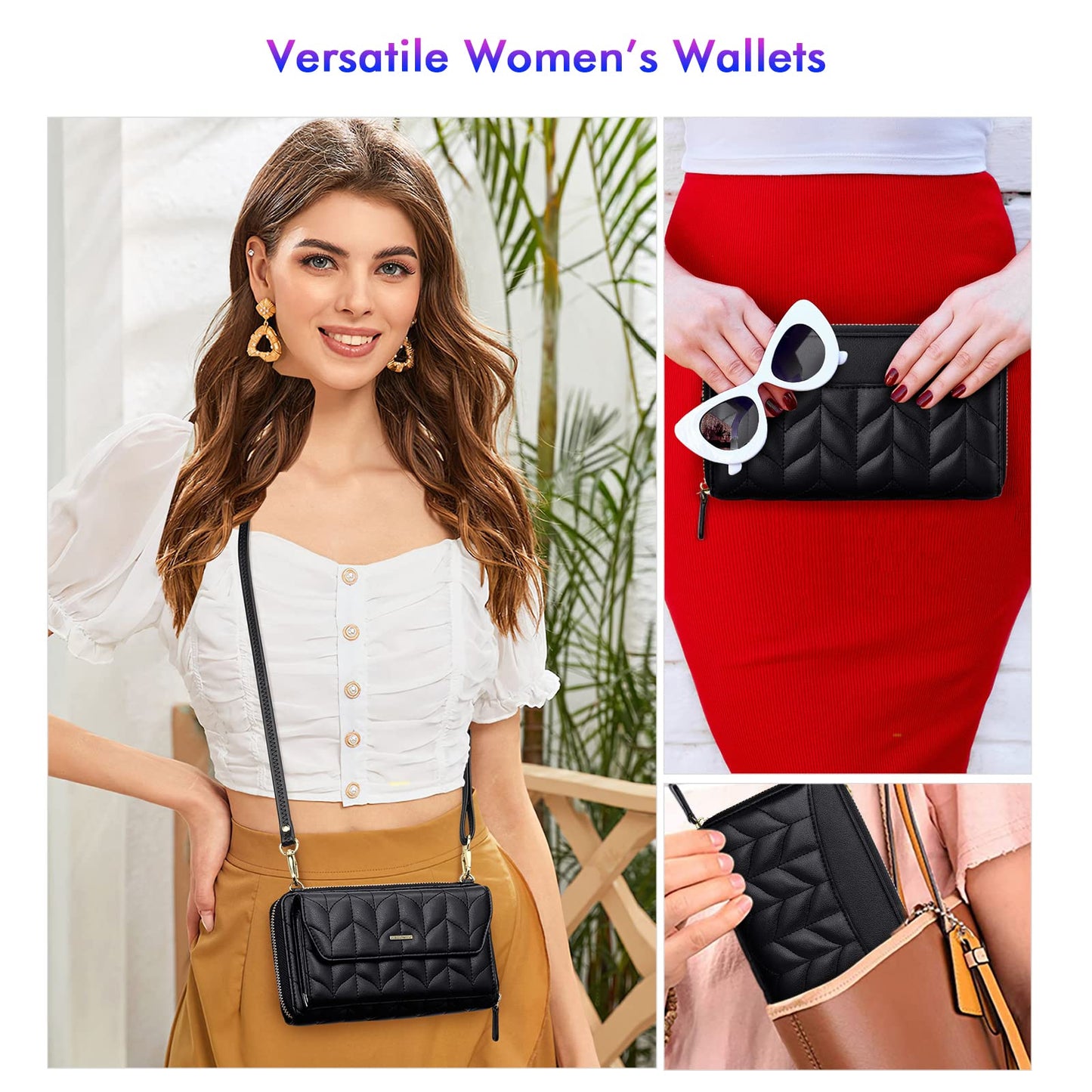 Womens RFID Wallet Purse Wristlet Crossbody Clutch with Zip Around 2 Strap