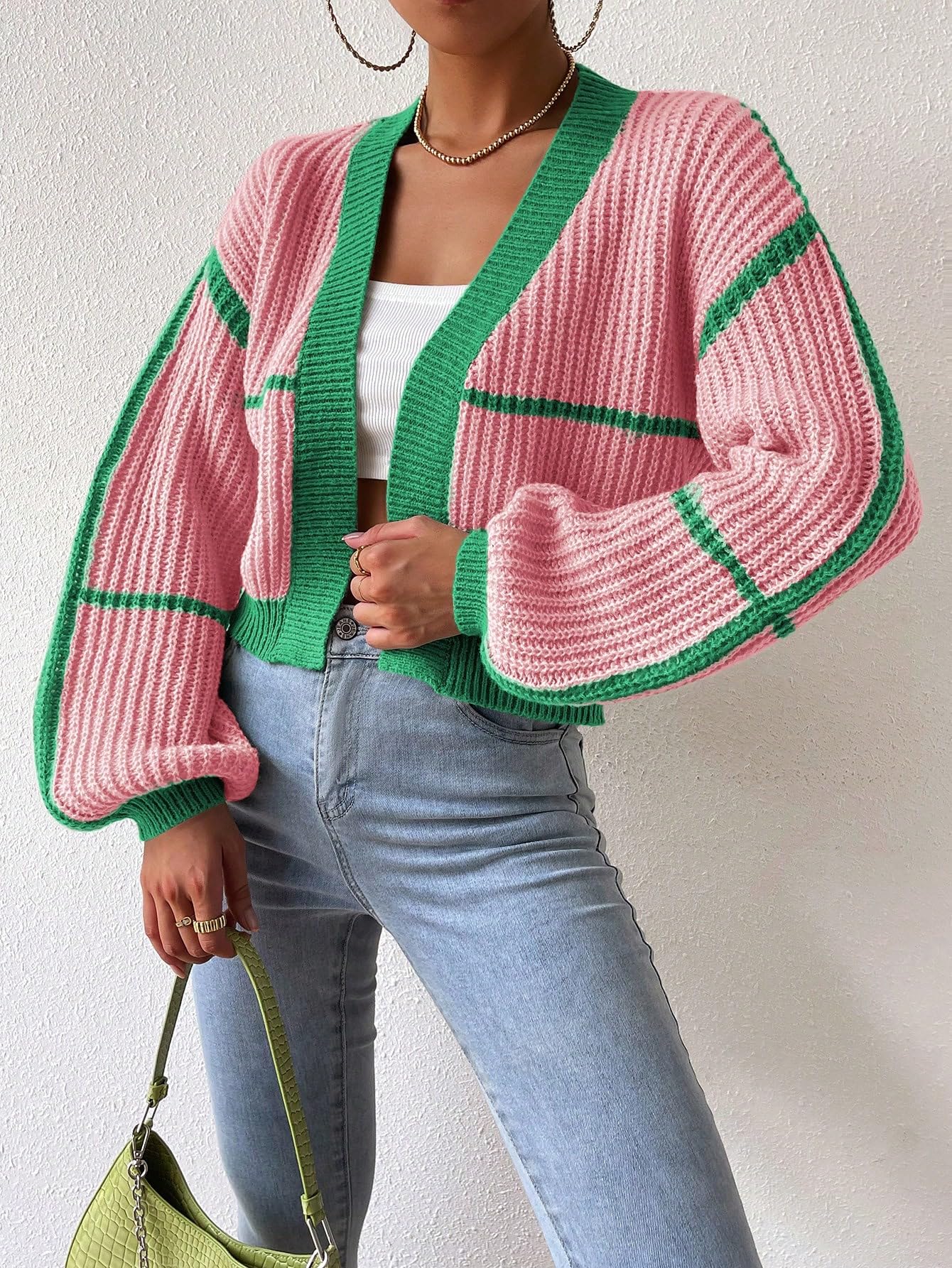 Women's Color Block Crop Cardigan Top Bishop Long Sleeve Open Front Sweater