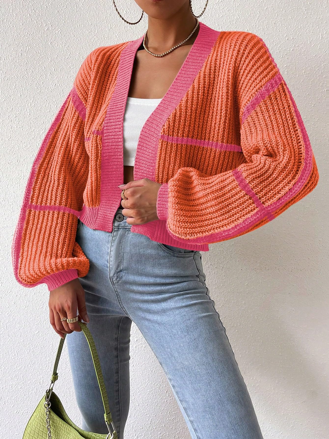 Women's Color Block Crop Cardigan Top Bishop Long Sleeve Open Front Sweater